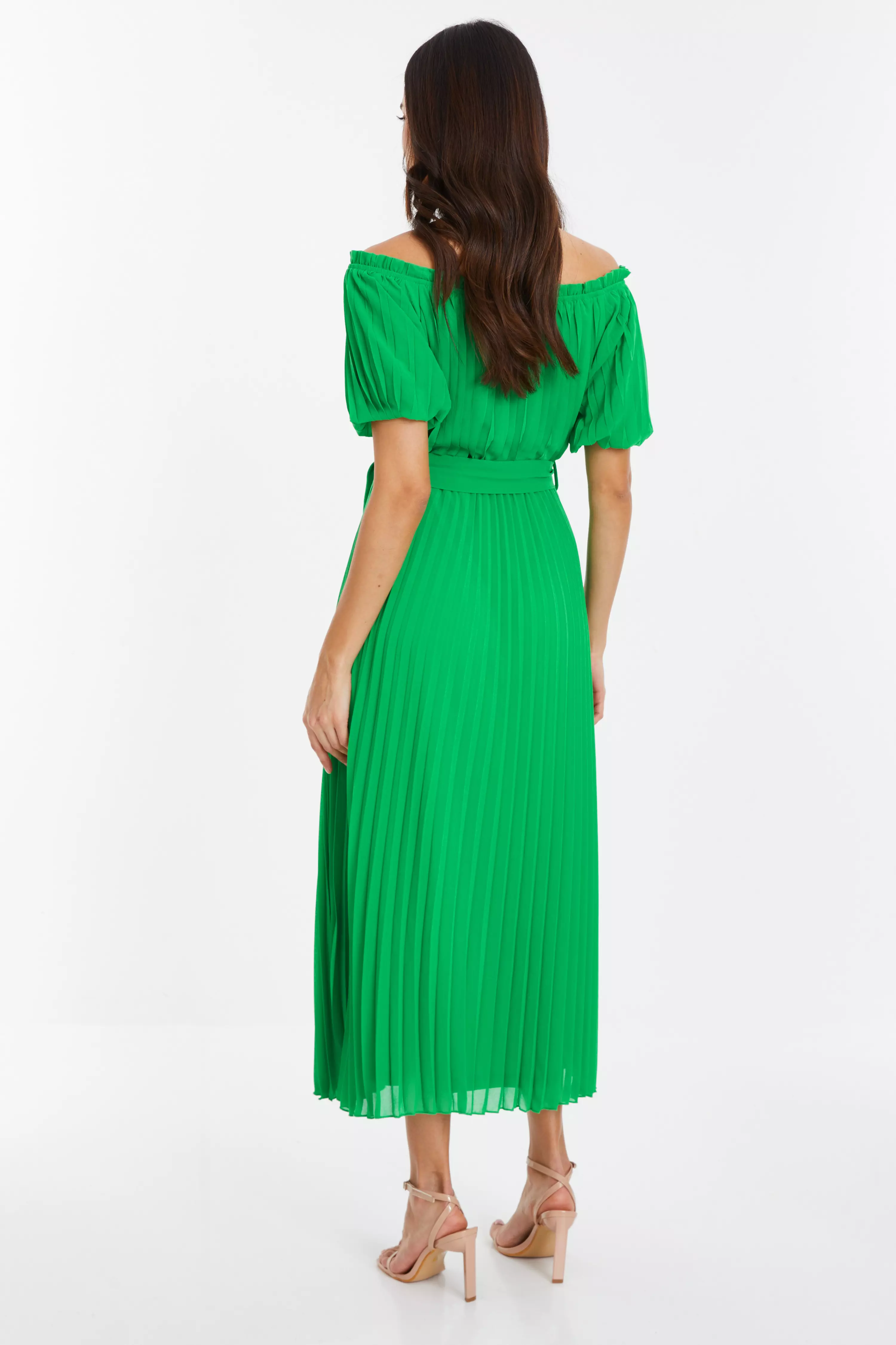 Green Chiffon Pleated Midi Dress