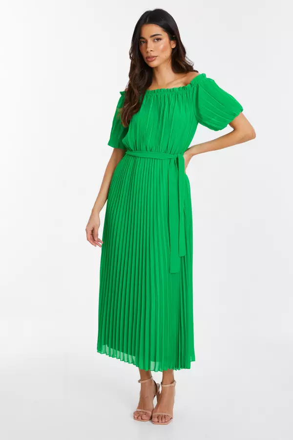 Green Chiffon Pleated Midi Dress