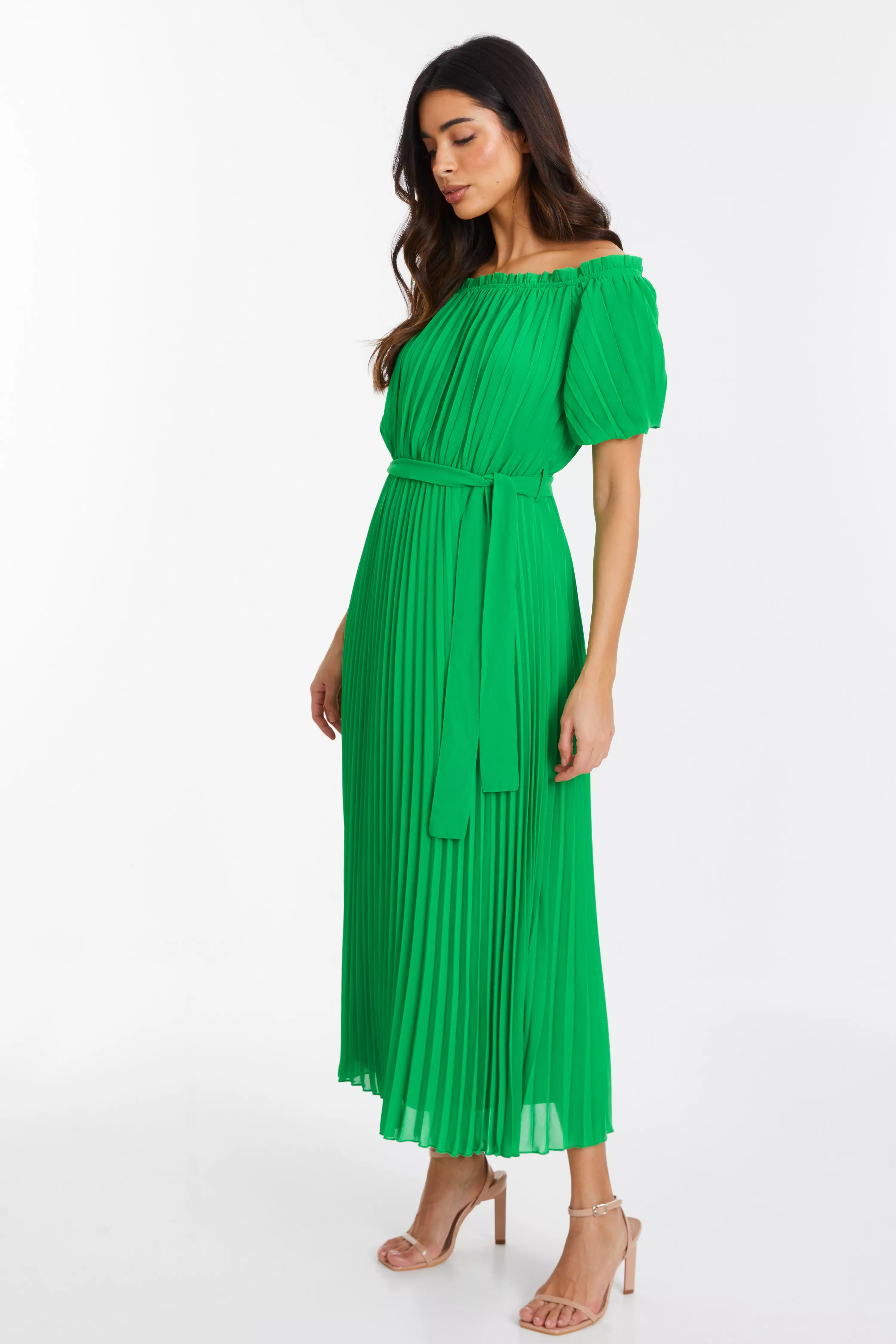 Green Chiffon Pleated Midi Dress