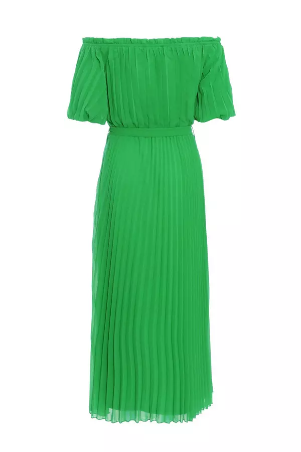 Green Chiffon Pleated Midi Dress