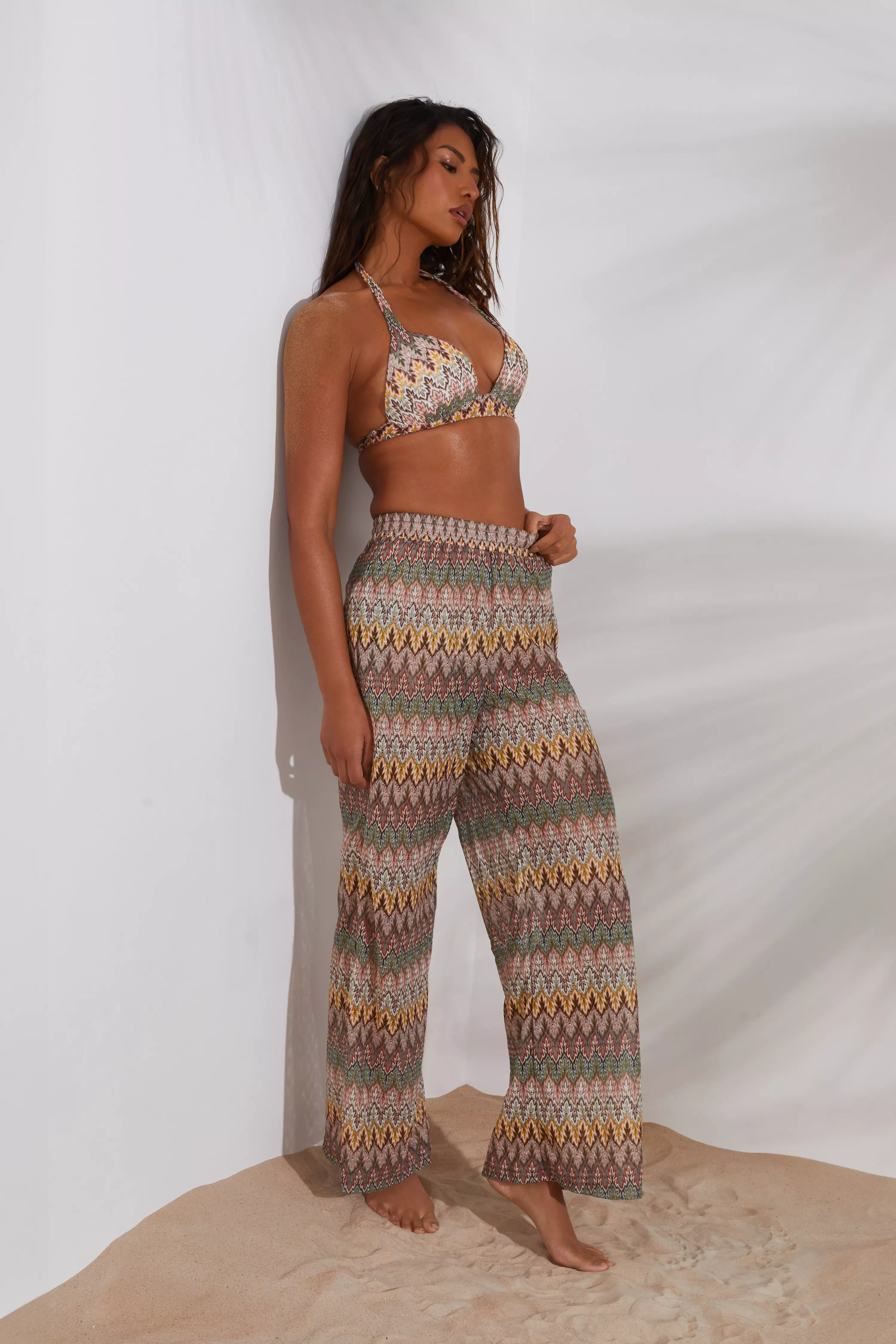 Multicoloured Crochet Wide Leg Trousers 