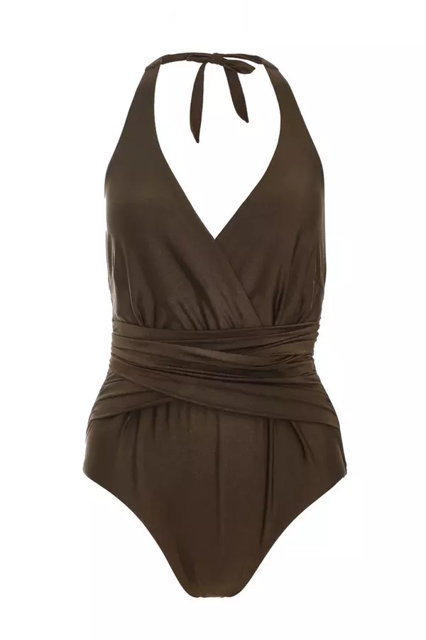 Brown Plunge Wrap Swimsuit