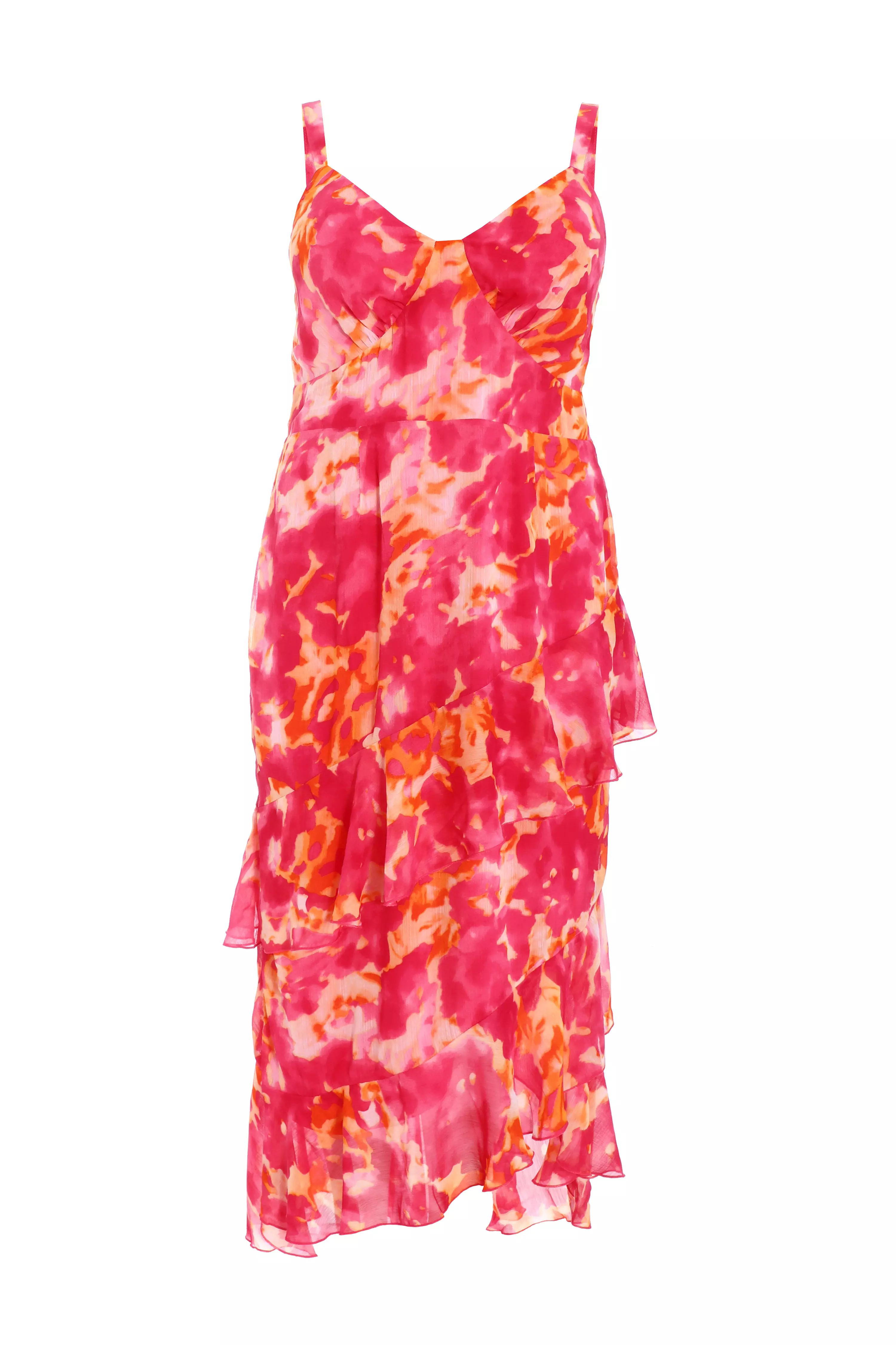 Curve Pink Smudge Print Ruffle Midi Dress