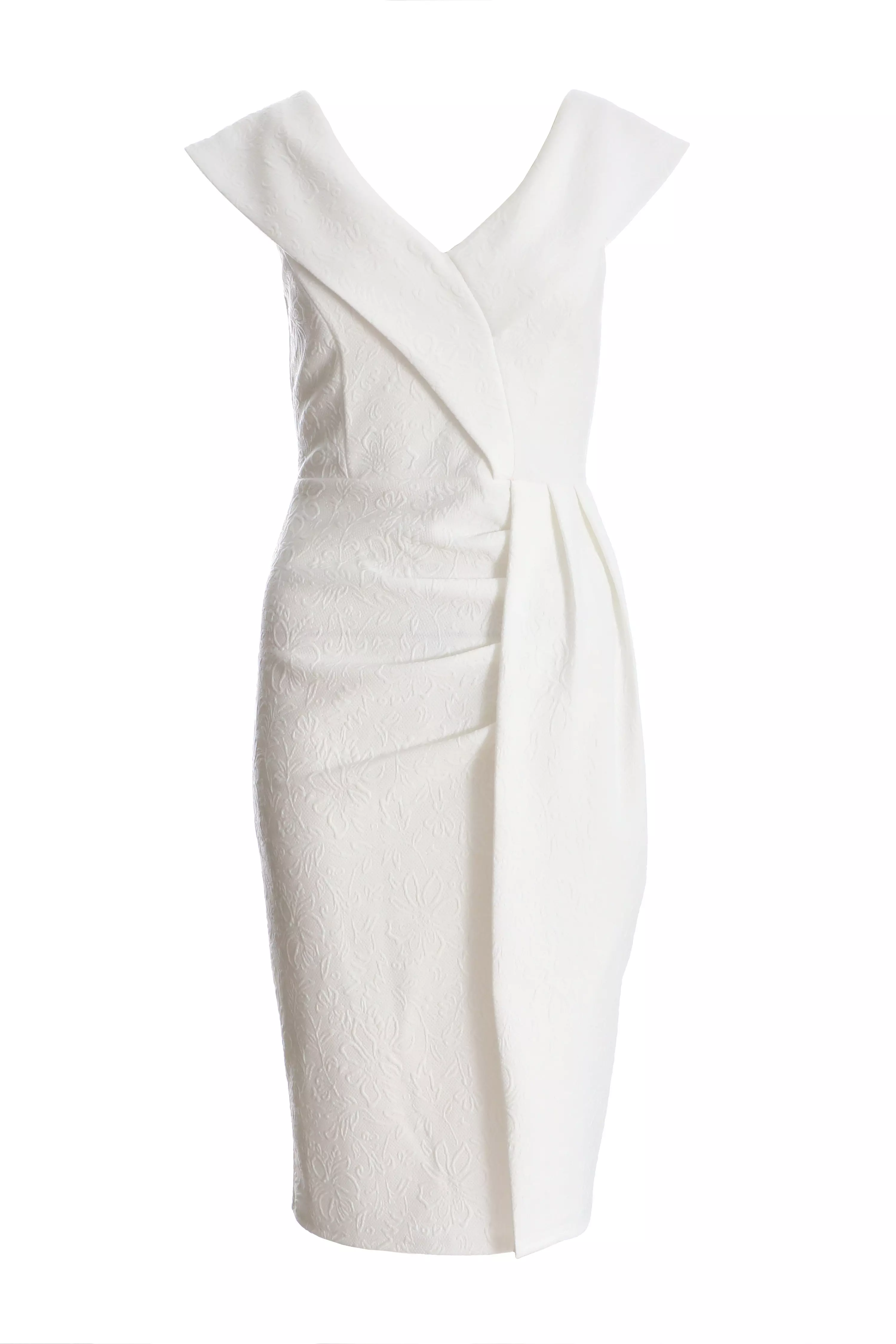 Petite White Jacquard Bardot Ruched Midi Dress