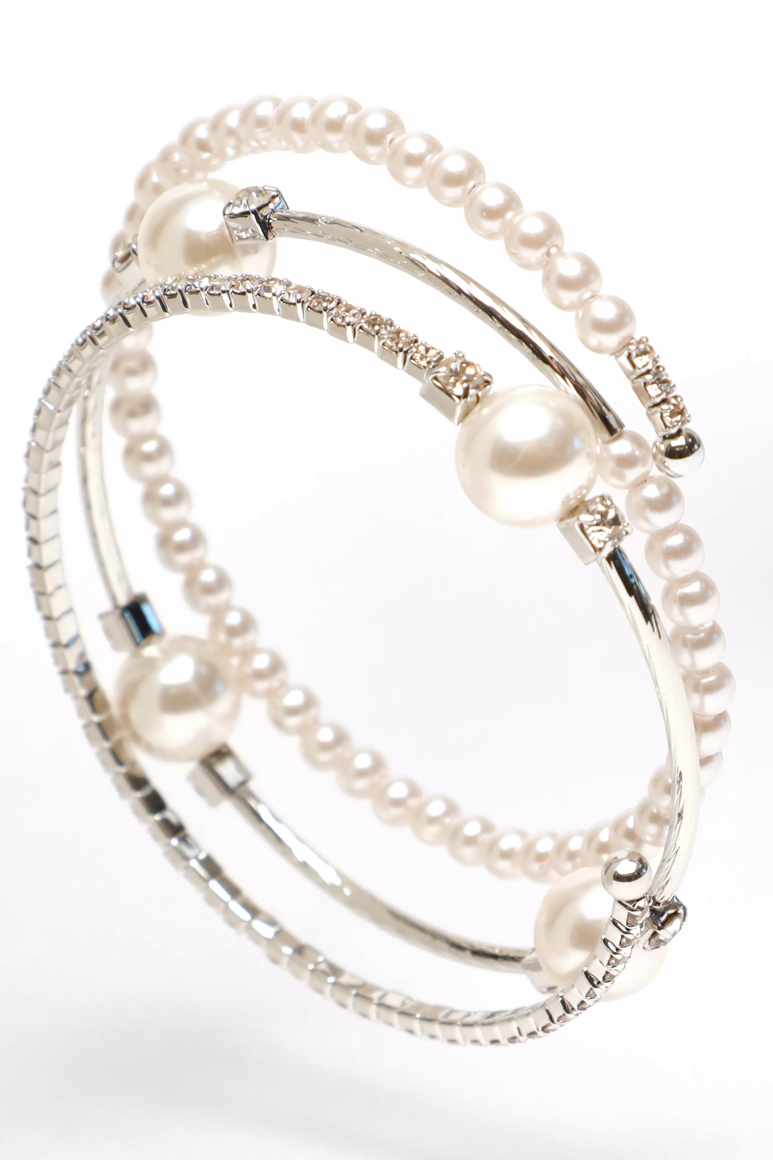 Bridal Silver Diamante Pearl Wrap Bracelet