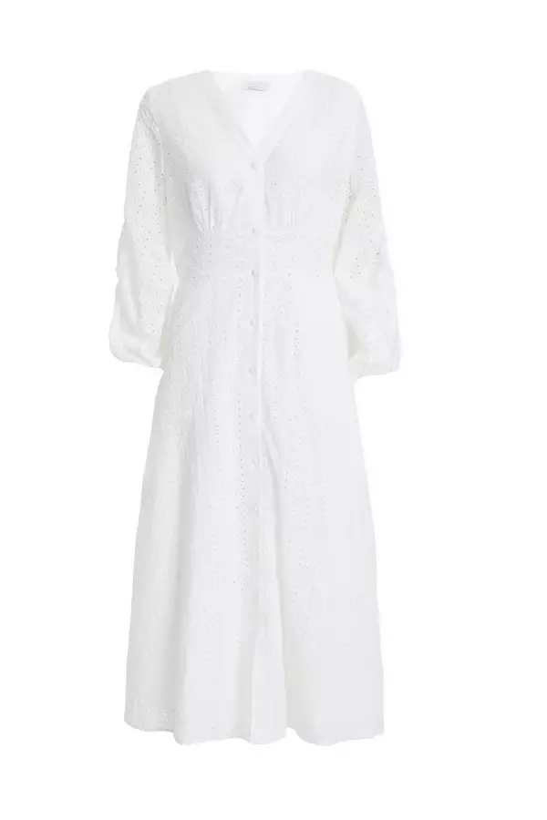 White Broderie Button Midi Dress