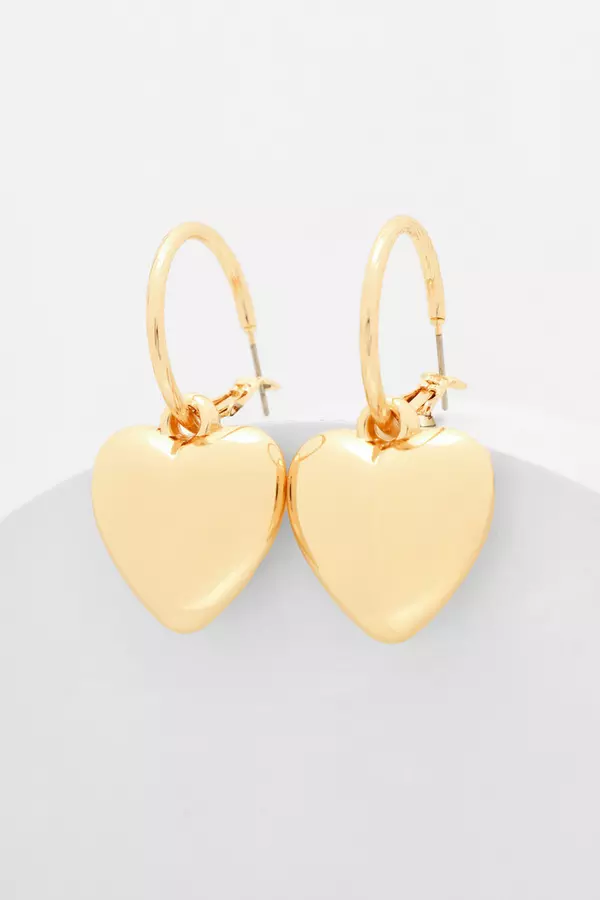 Gold Heart Drop Hoop Earrings