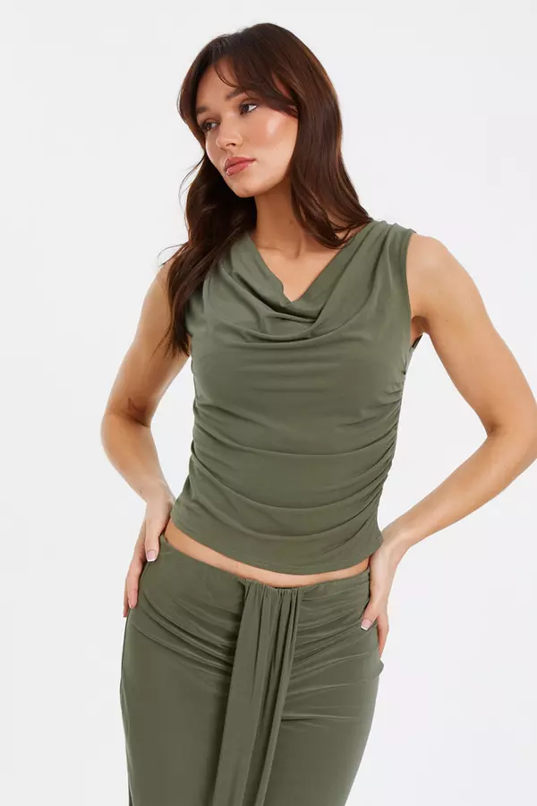 Khaki High Neck Ruched Top
