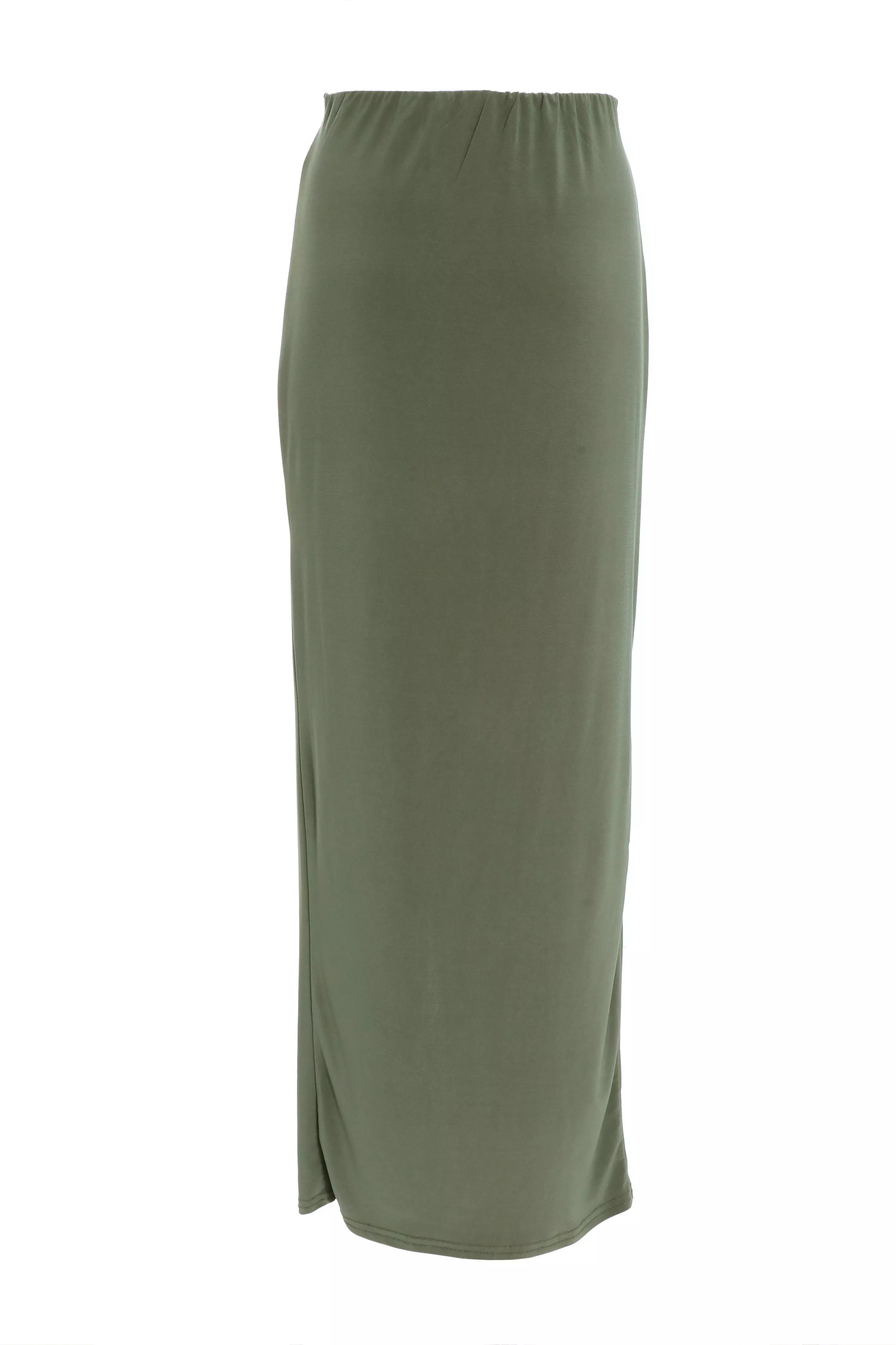 Khaki Ruched Split Maxi Skirt