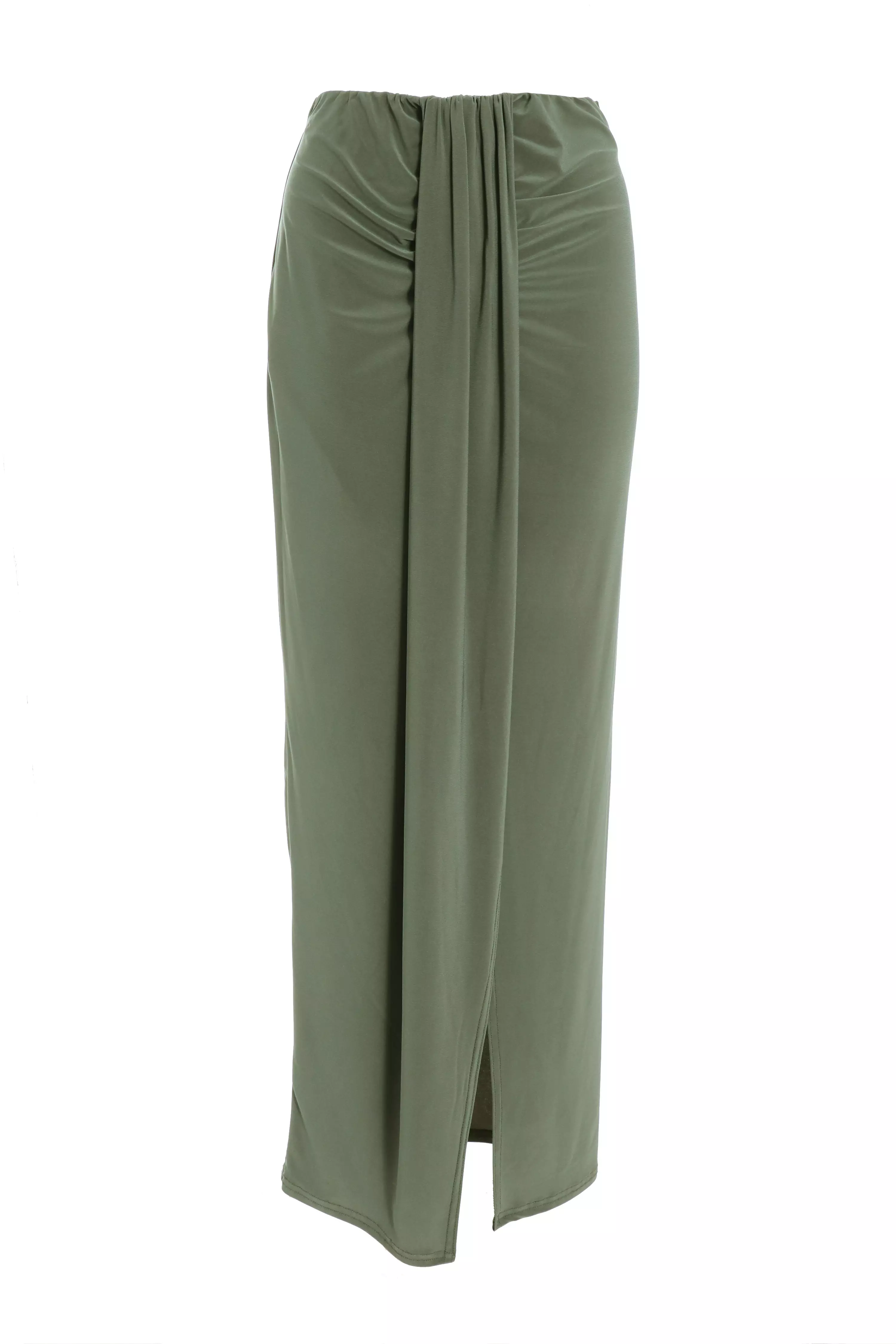 Khaki Ruched Split Maxi Skirt