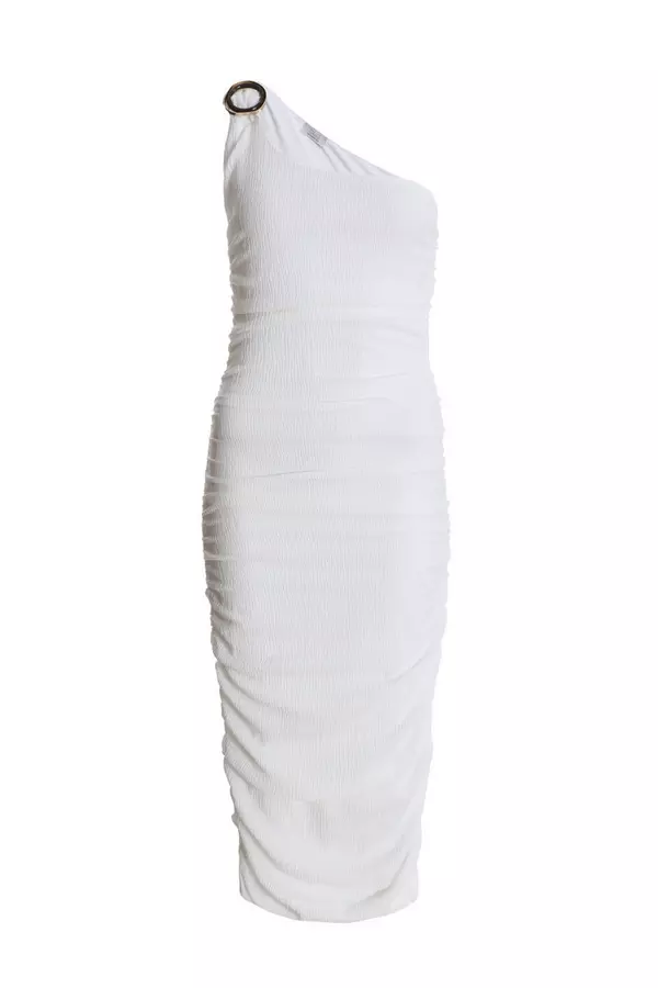 White Textured One shoulder Bodycon Midi Dress