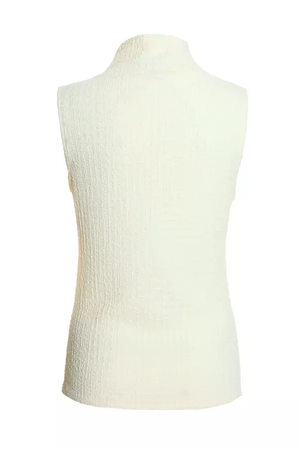 Cream Textured High Neck Ruched Top