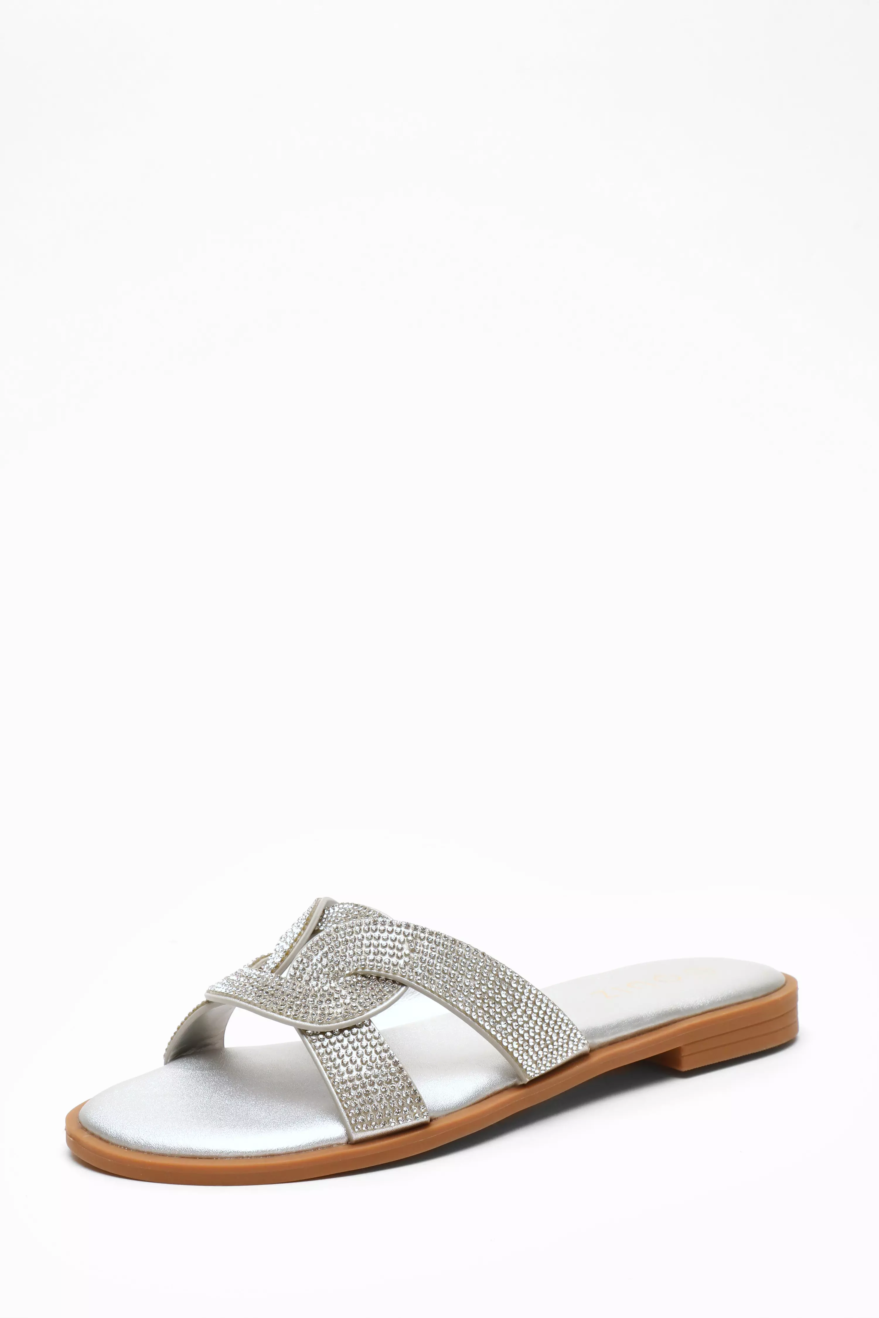 Silver Diamante Knot Front Flat Sandals