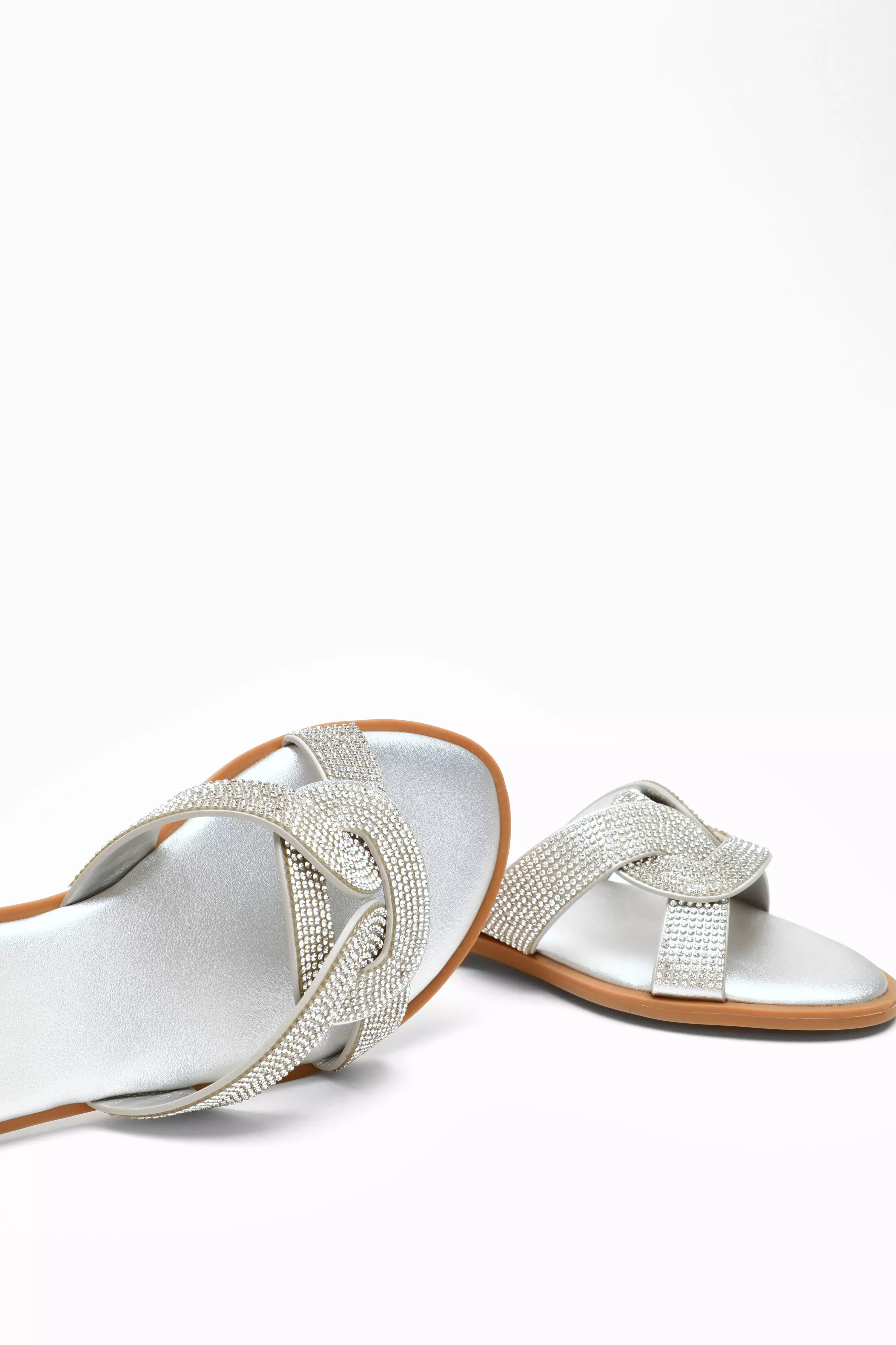 Silver Diamante Knot Front Flat Sandals