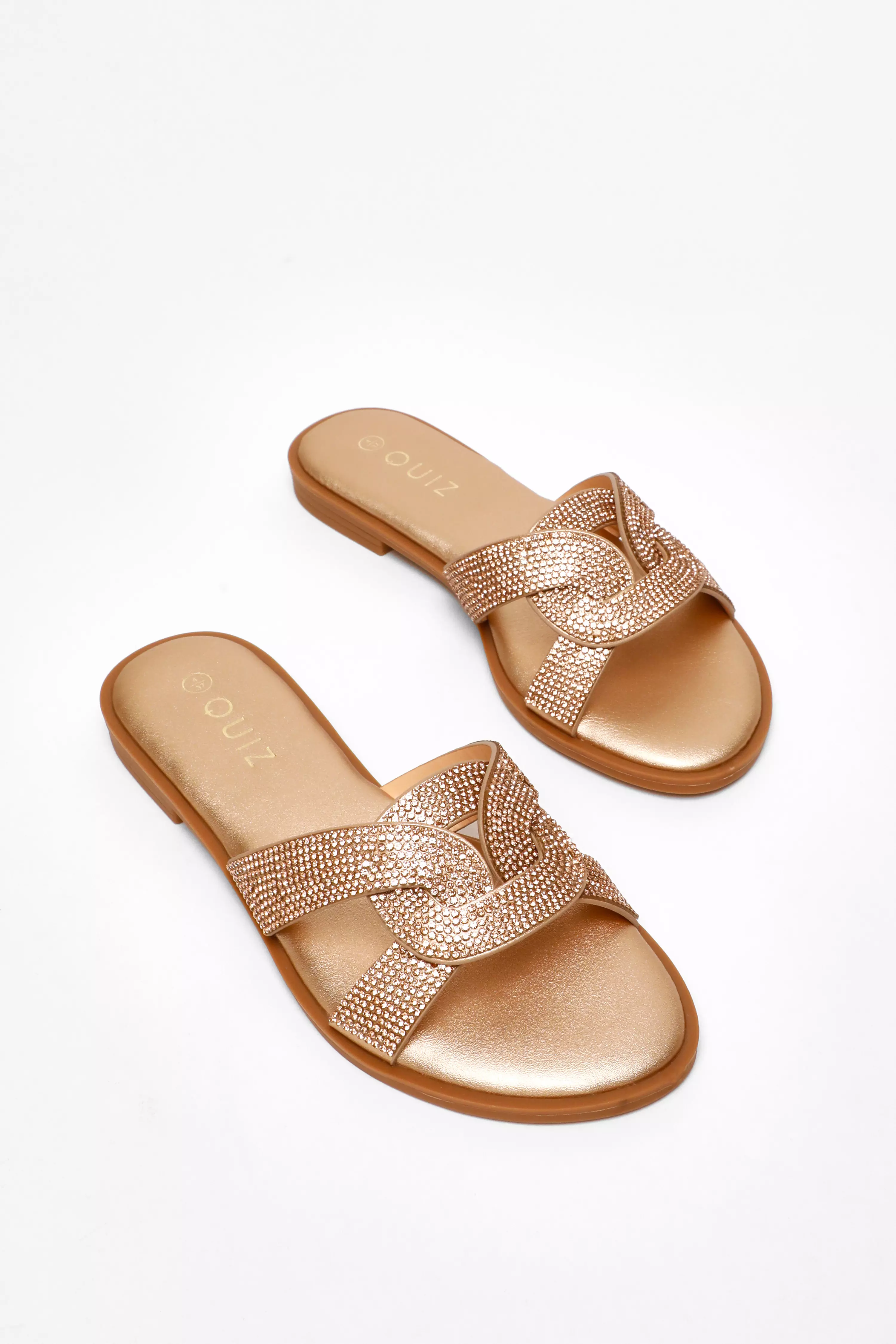 Rose Gold Diamante Knot Front Flat Sandals