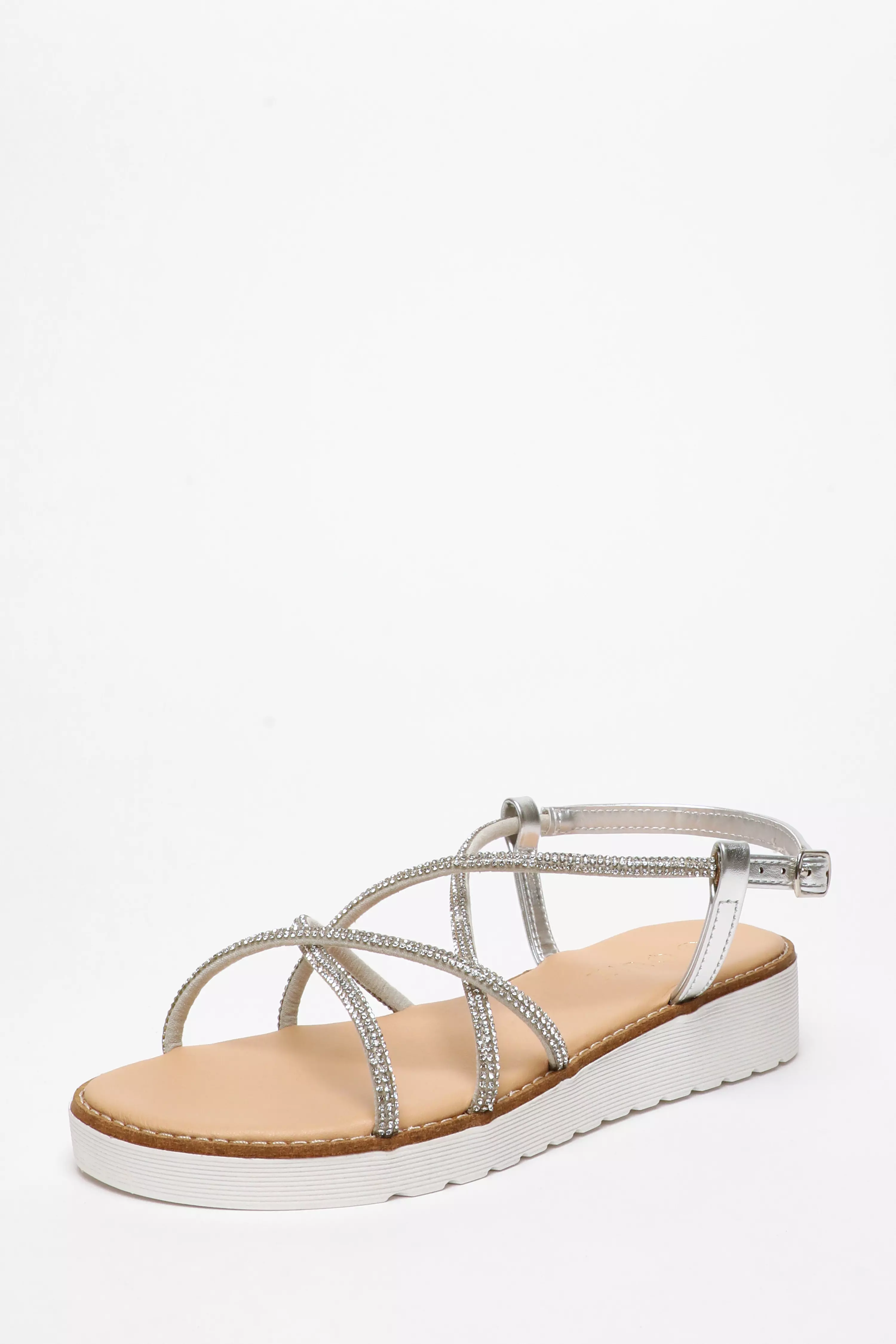 Silver Diamante Cross Strap Flatform Sandals