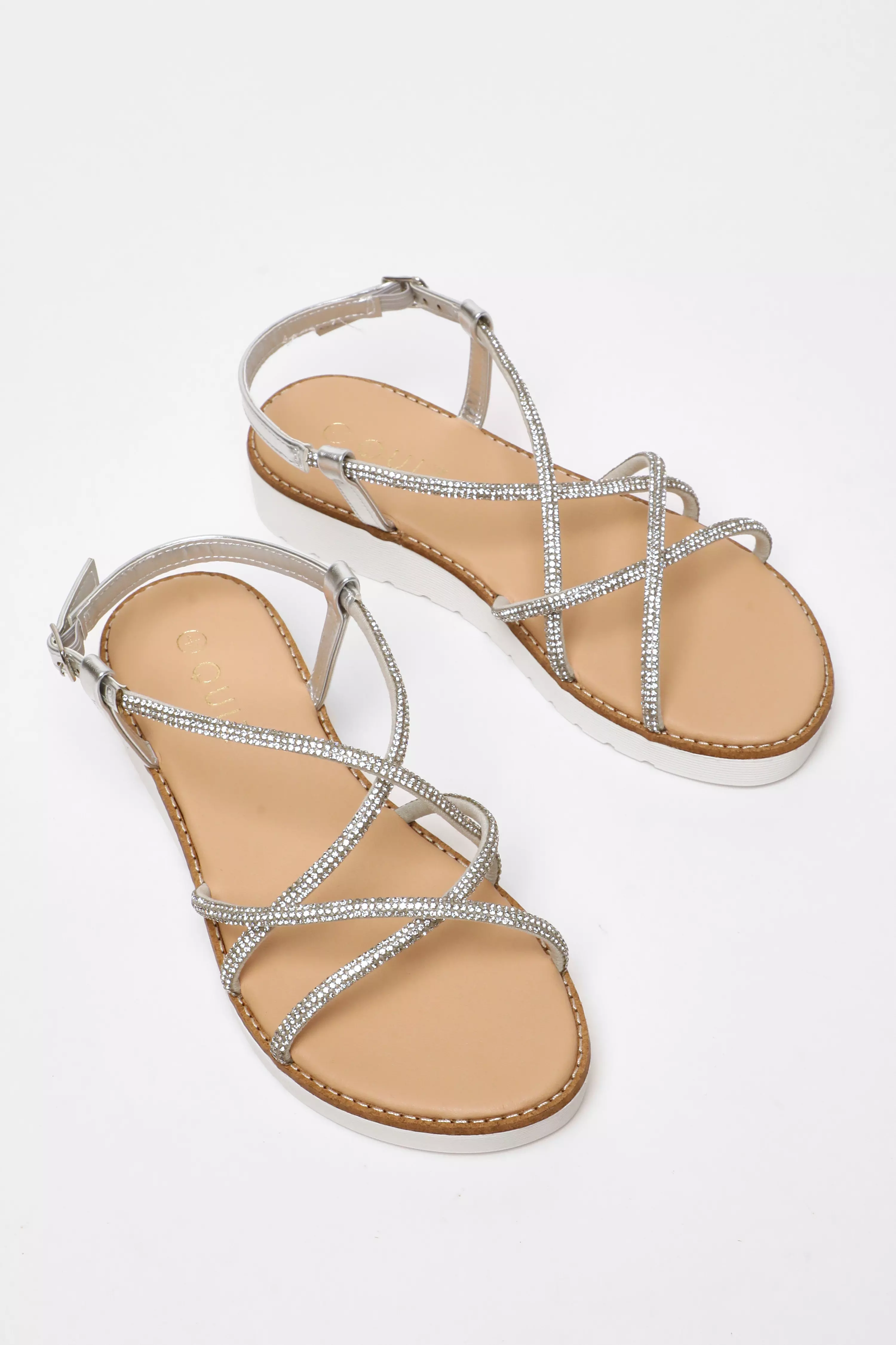 Silver Diamante Cross Strap Flatform Sandals