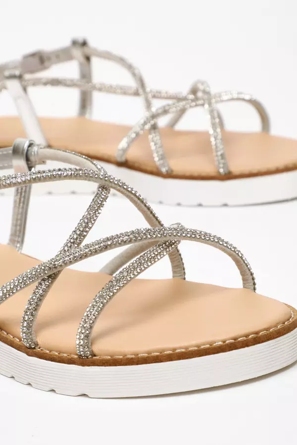 Silver Diamante Cross Strap Flatform Sandals