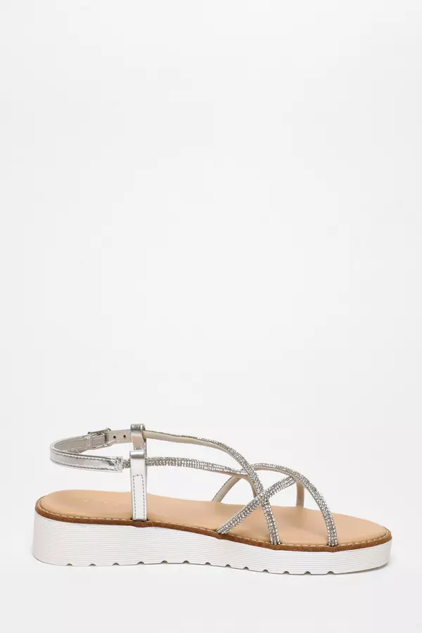 Silver Diamante Cross Strap Flatform Sandals