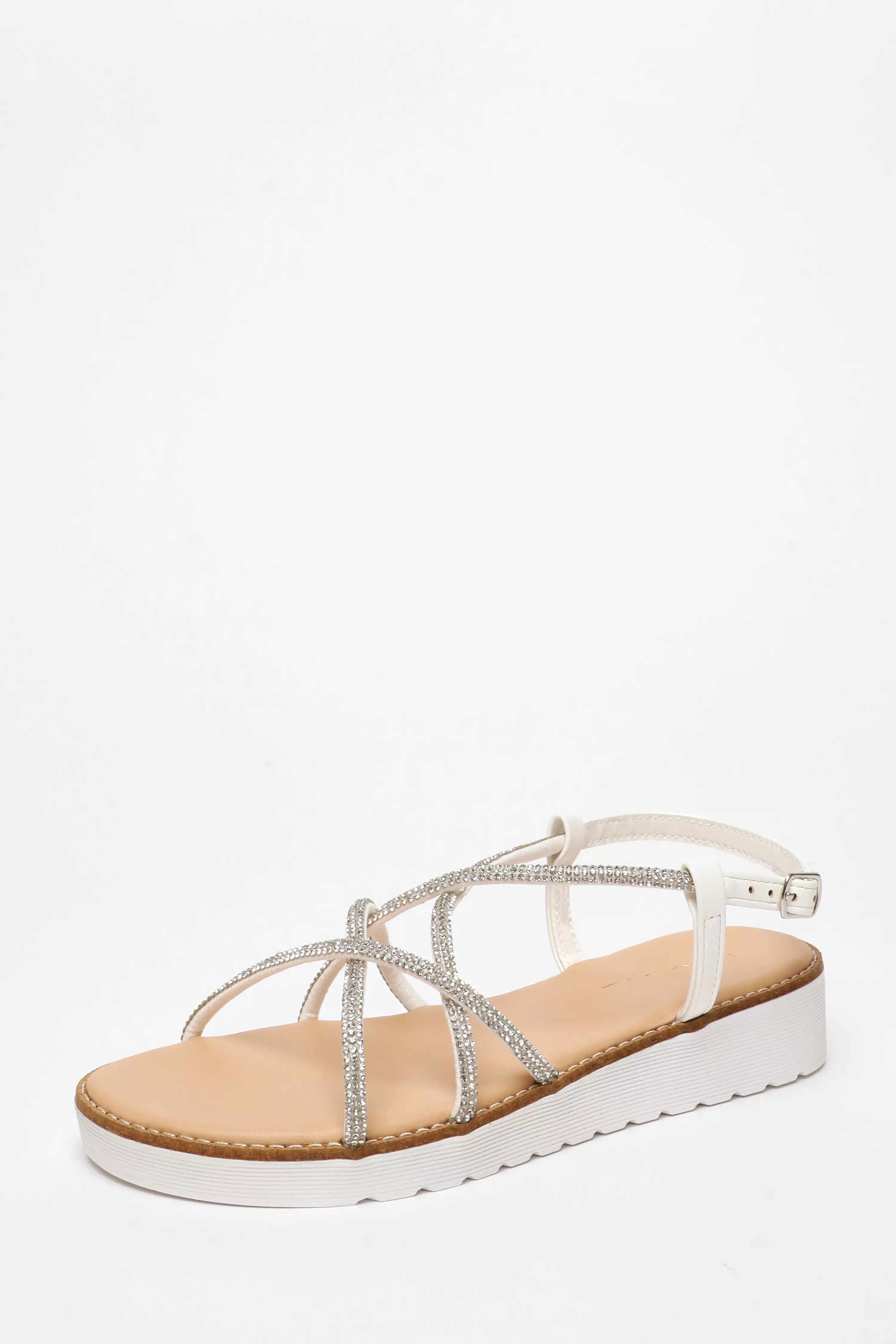 White Diamante Cross Strap Flatform Sandals