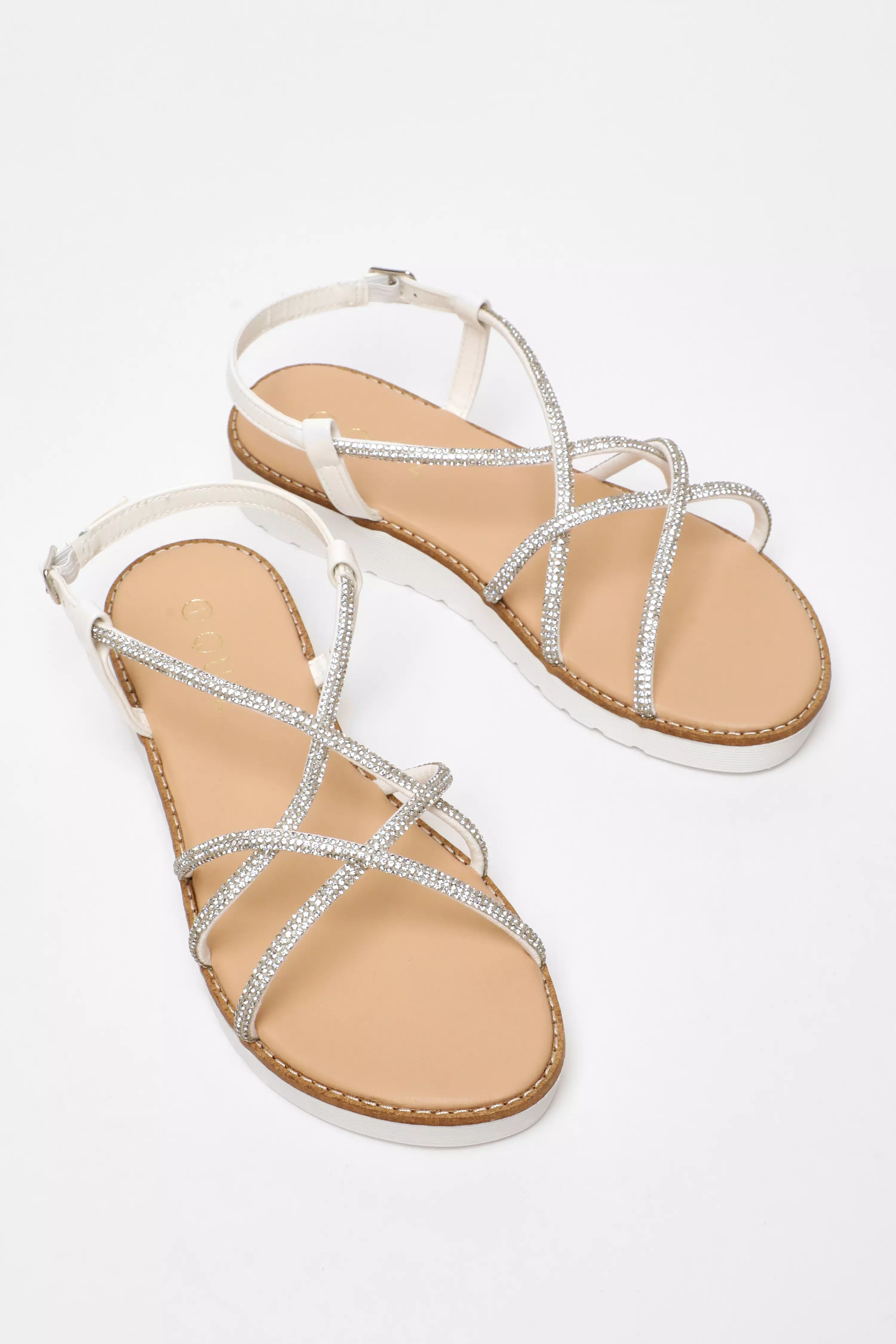 White Diamante Cross Strap Flatform Sandals