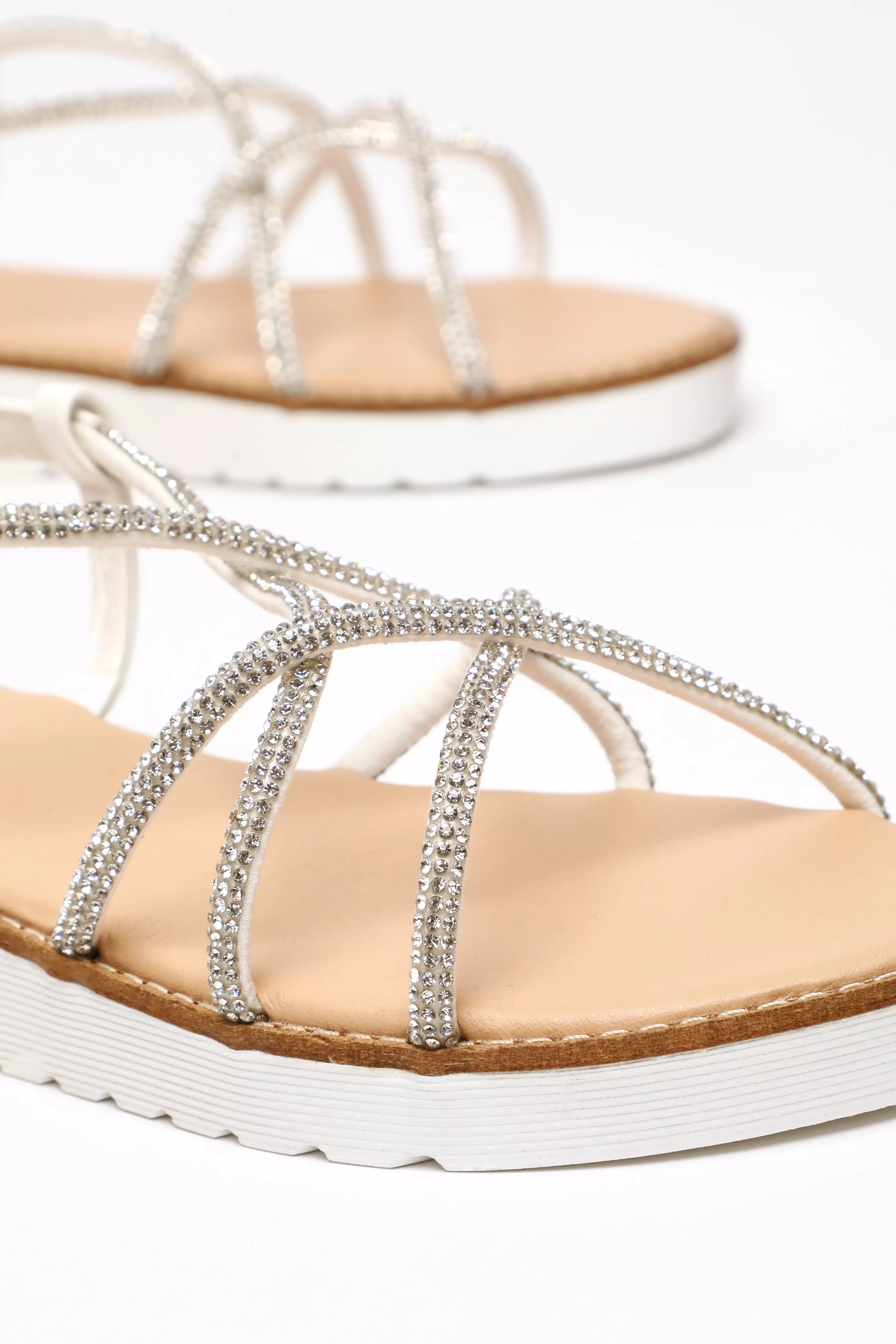 White Diamante Cross Strap Flatform Sandals