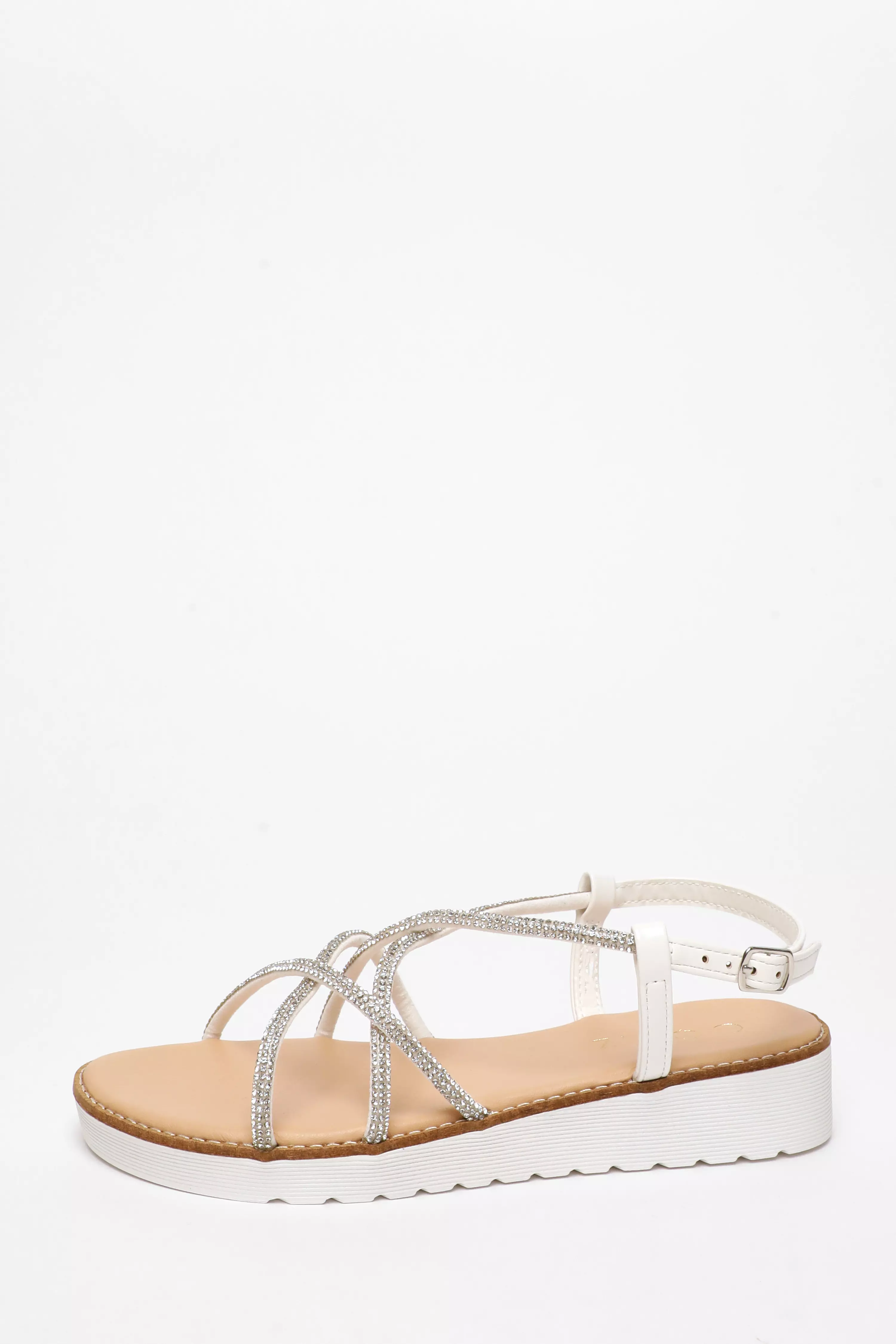 White Diamante Cross Strap Flatform Sandals