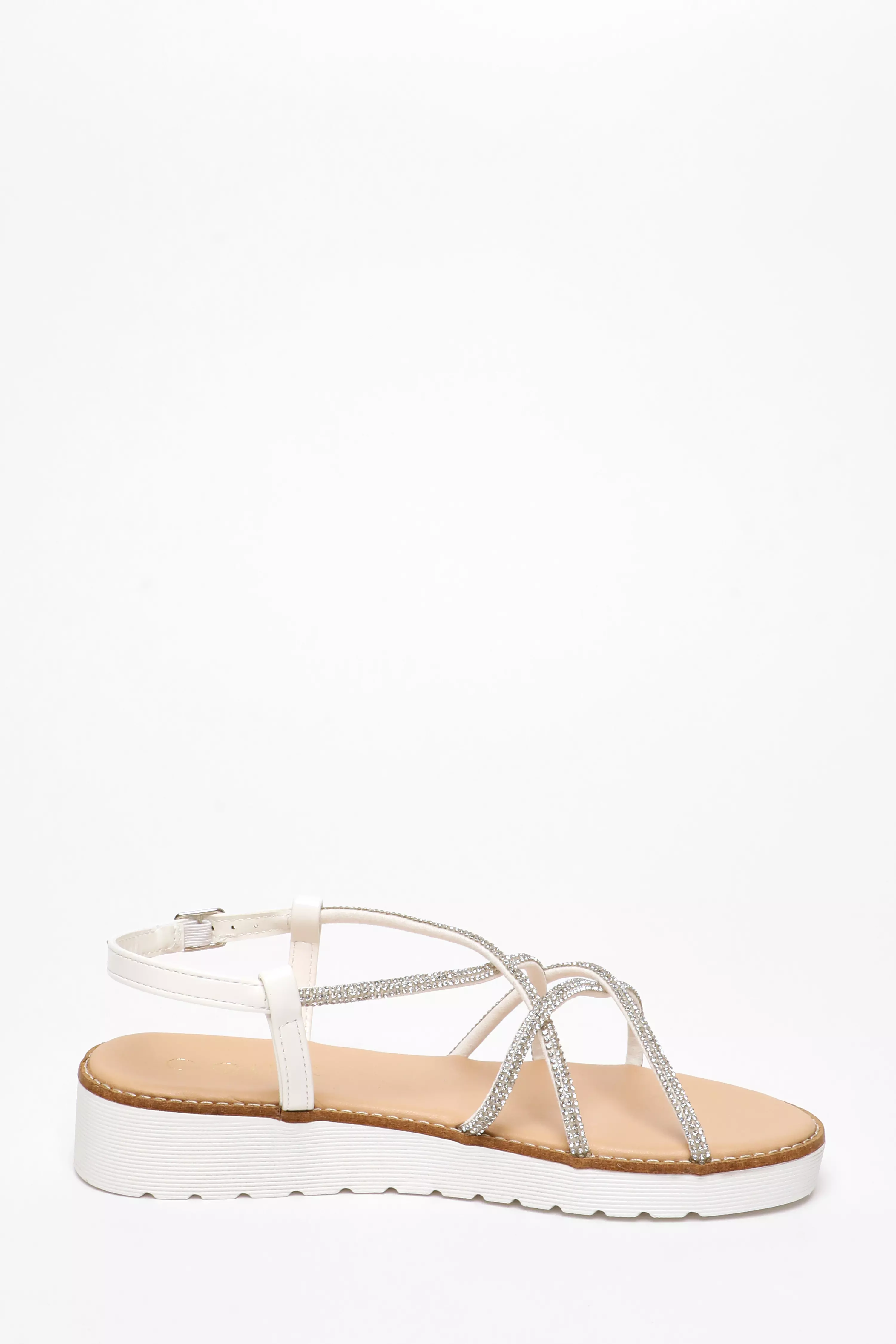 White Diamante Cross Strap Flatform Sandals