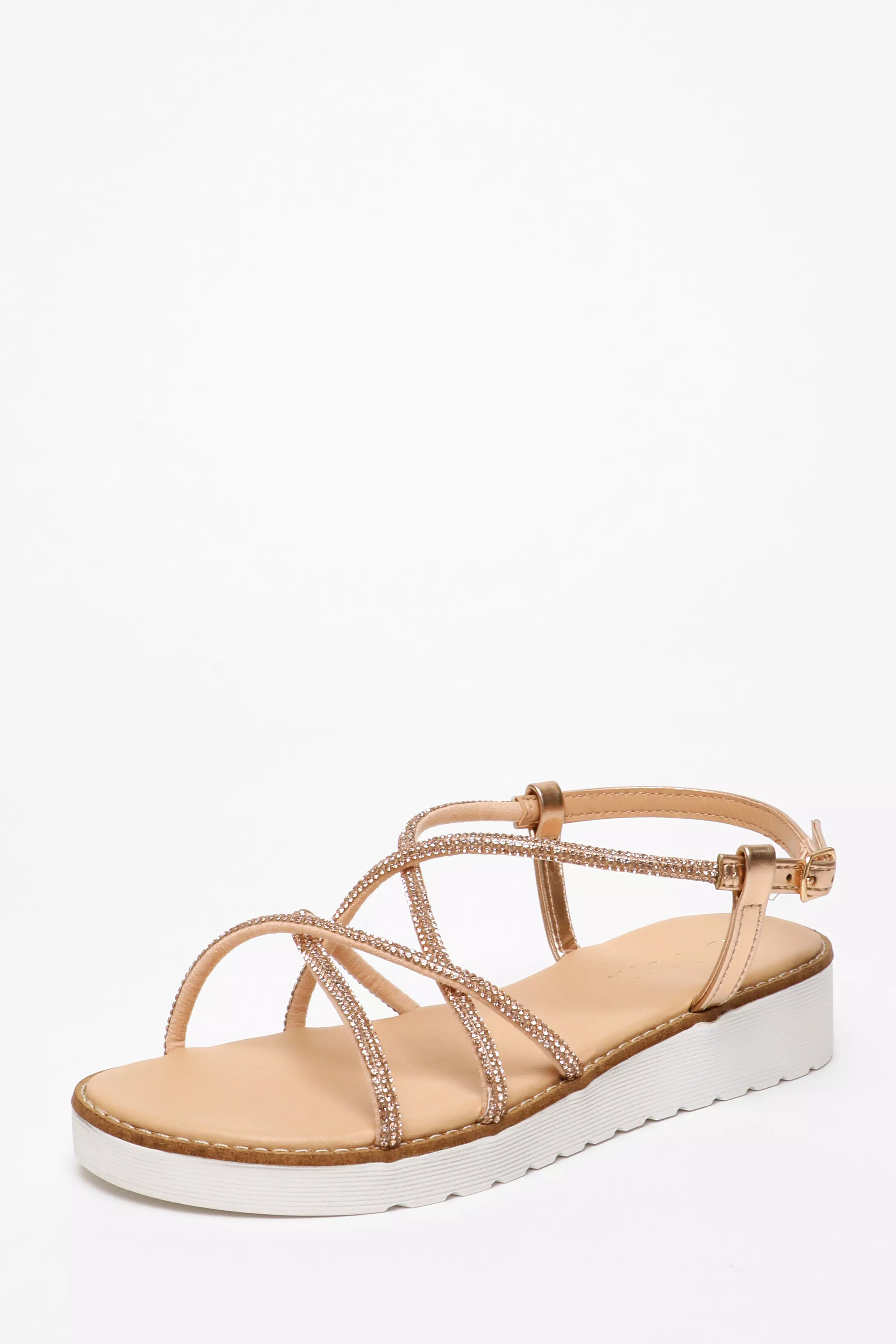 Rose Gold Diamante Cross Strap Flatform Sandals