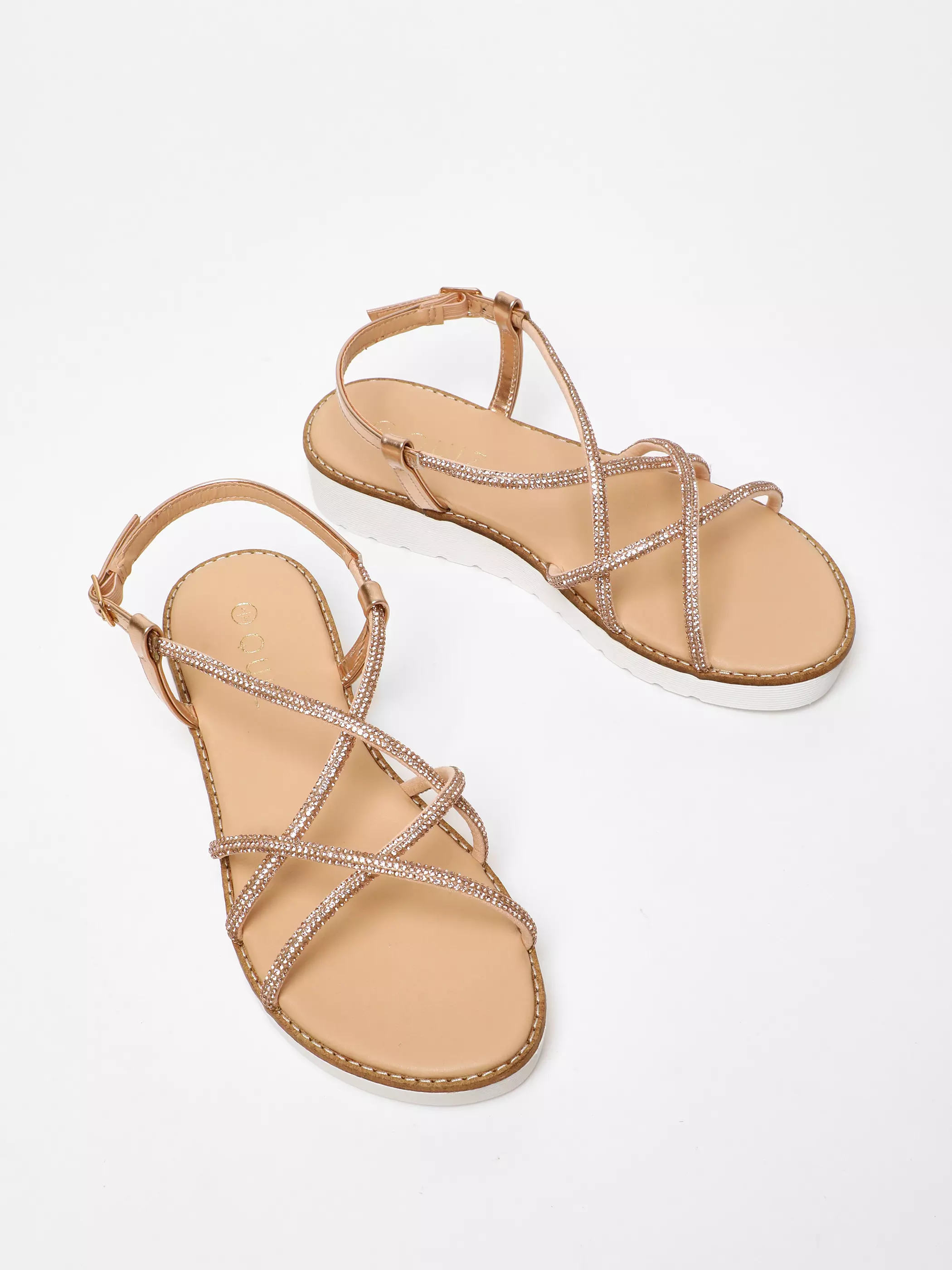 Rose Gold Diamante Cross Strap Flatform Sandals