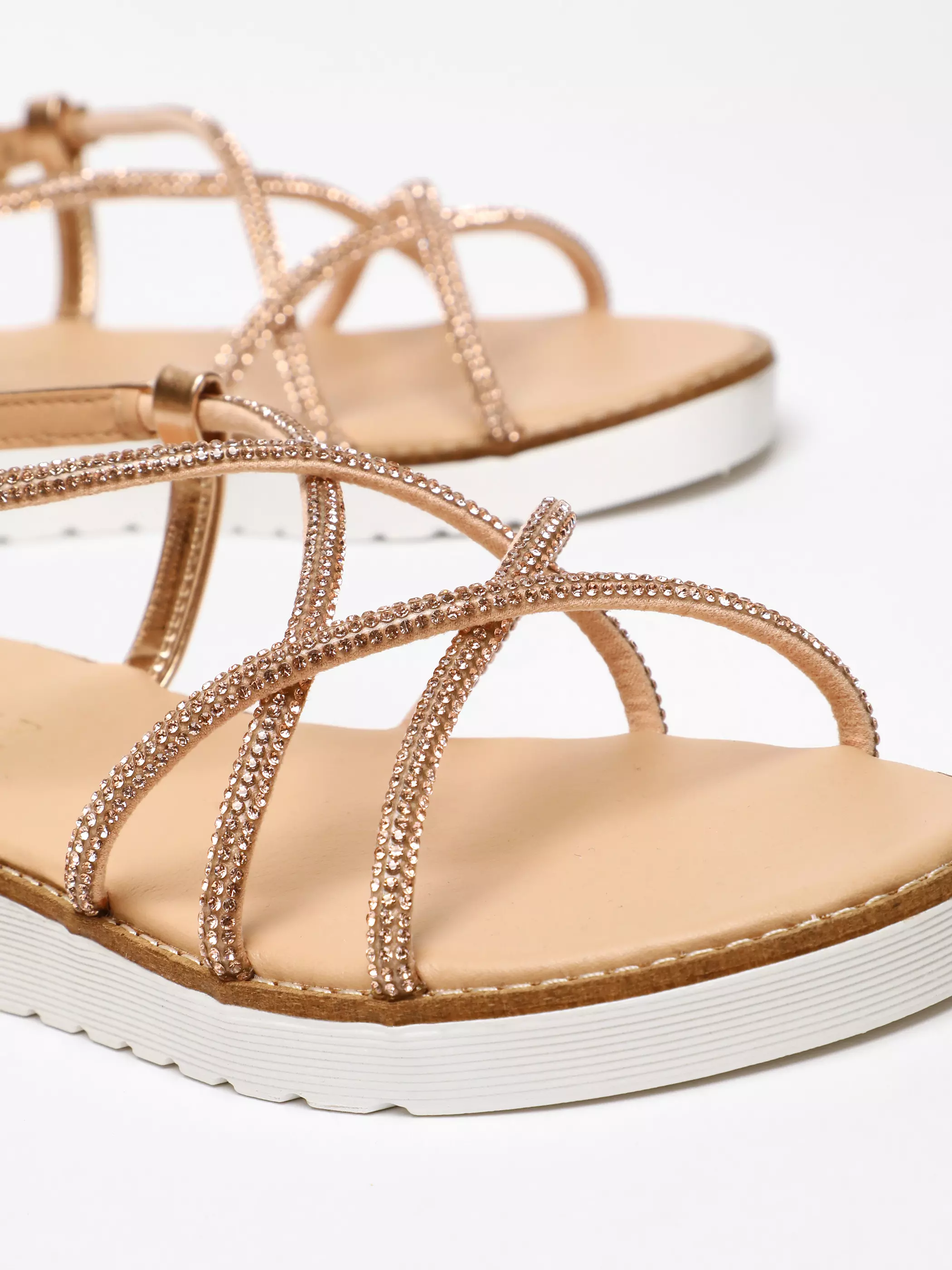 Rose Gold Diamante Cross Strap Flatform Sandals