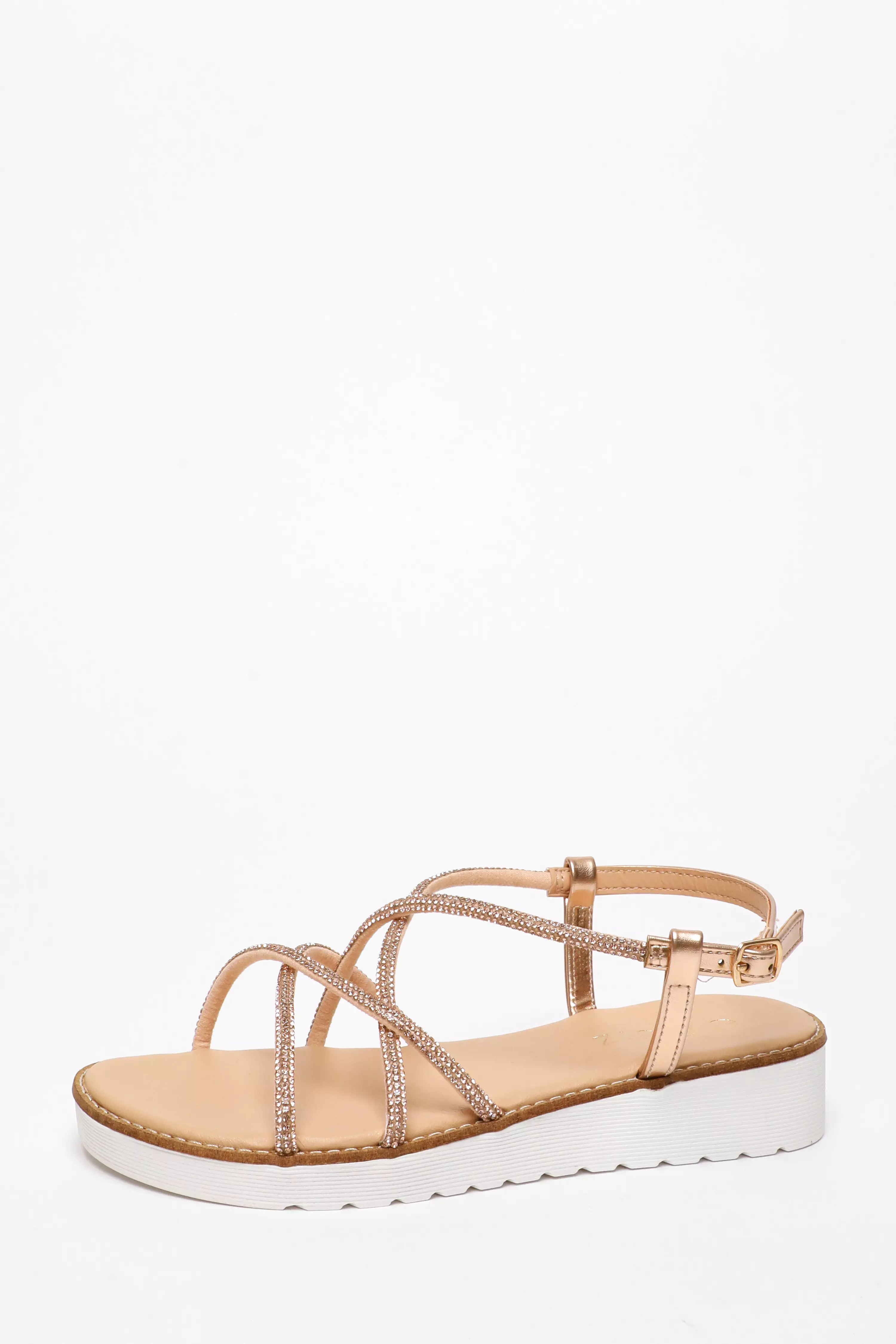 Rose Gold Diamante Cross Strap Flatform Sandals