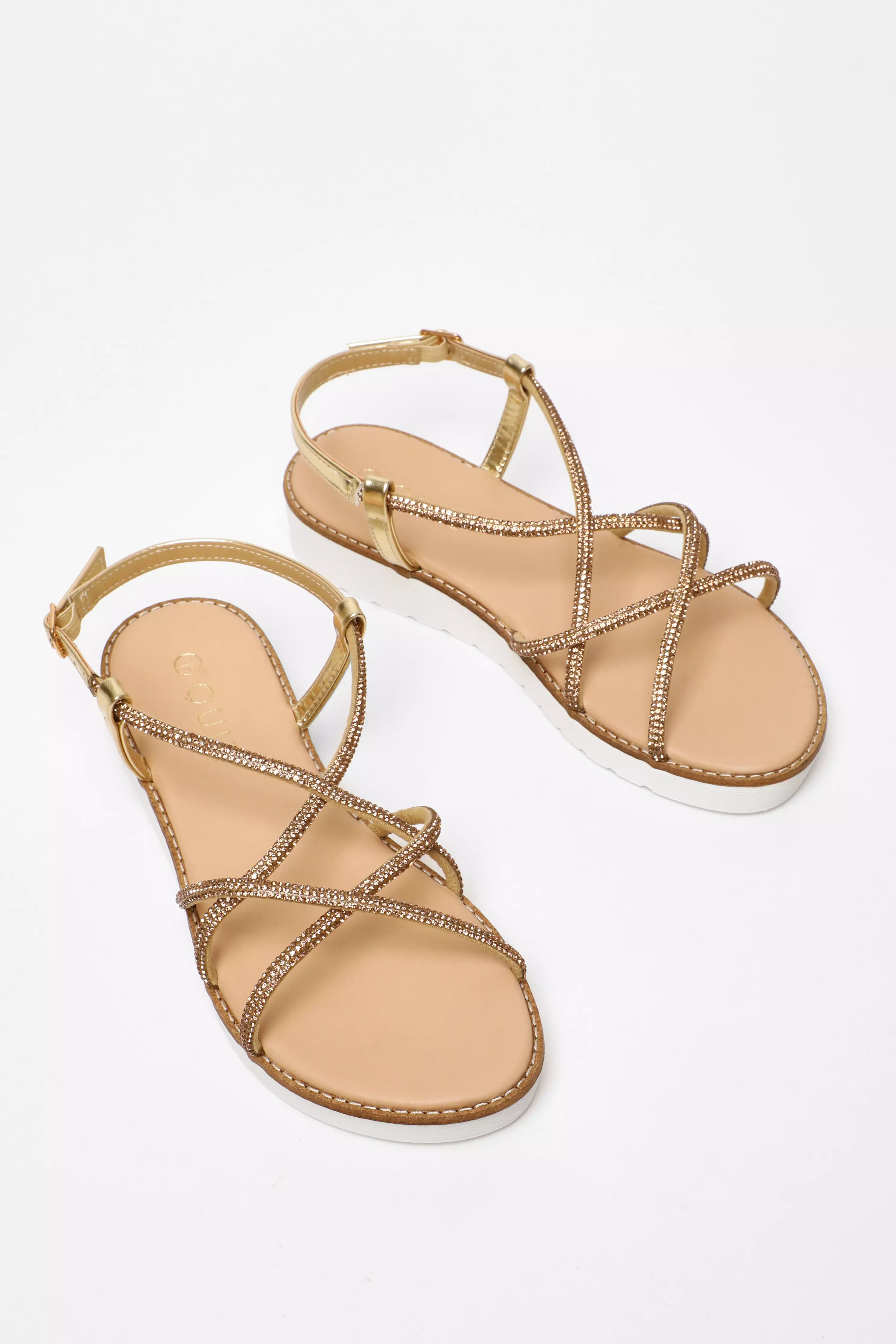 Gold Diamante Cross Strap Flatform Sandals