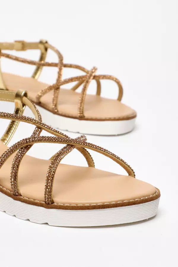 Gold Diamante Cross Strap Flatform Sandals