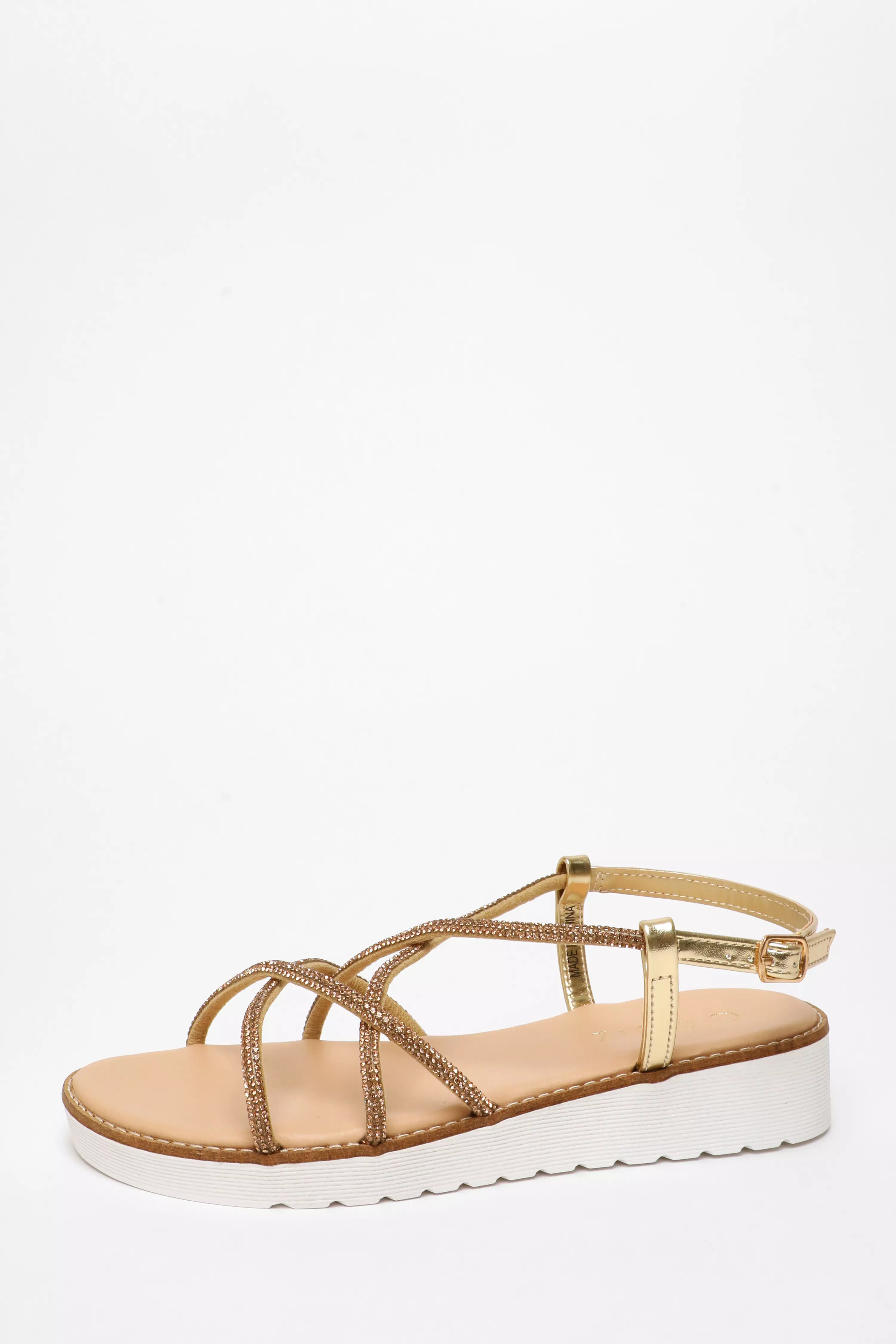 Gold Diamante Cross Strap Flatform Sandals