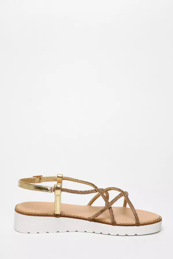 Gold Diamante Cross Strap Flatform Sandals
