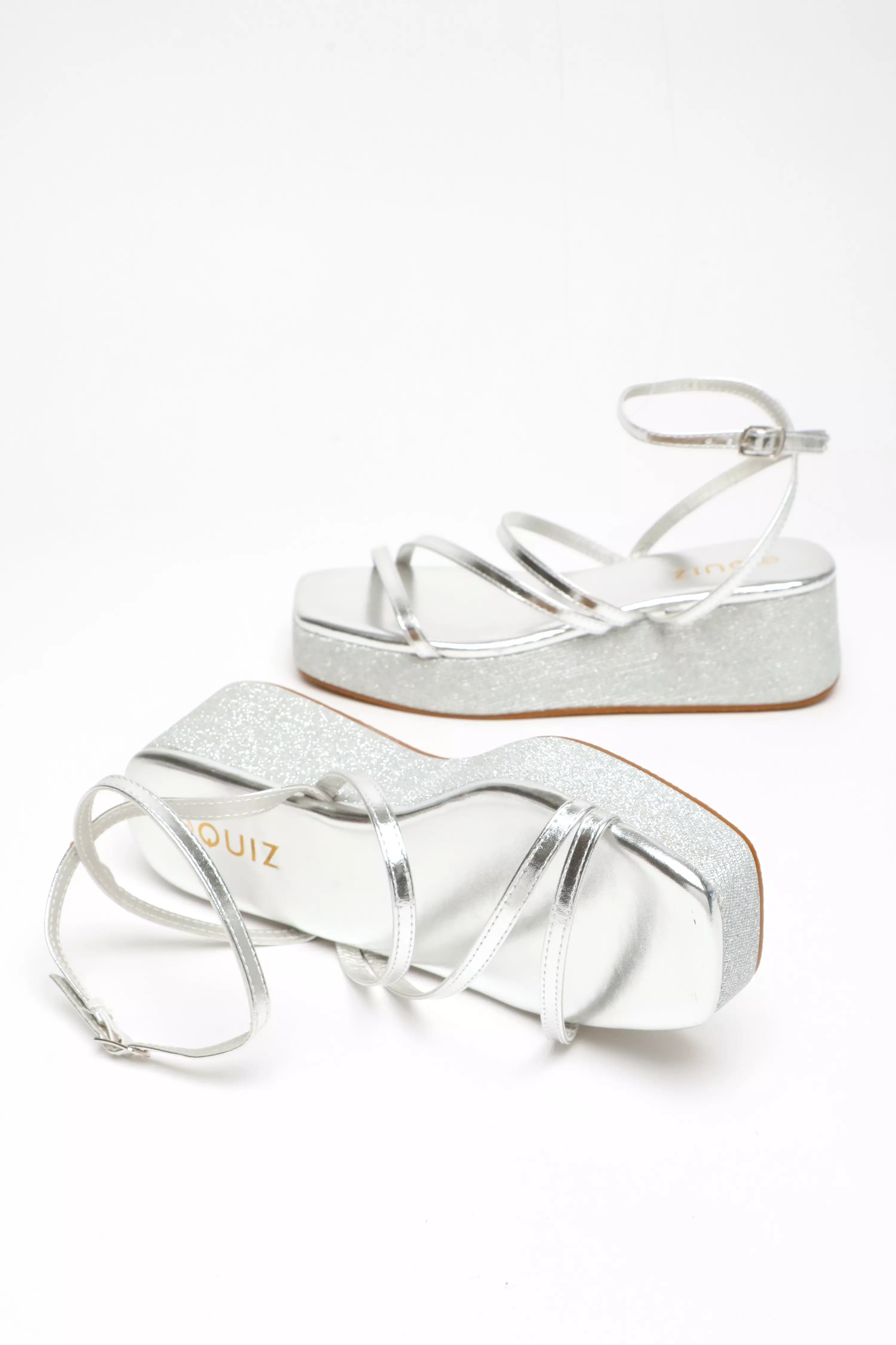 Silver Glitter Strappy Flatform Sandals