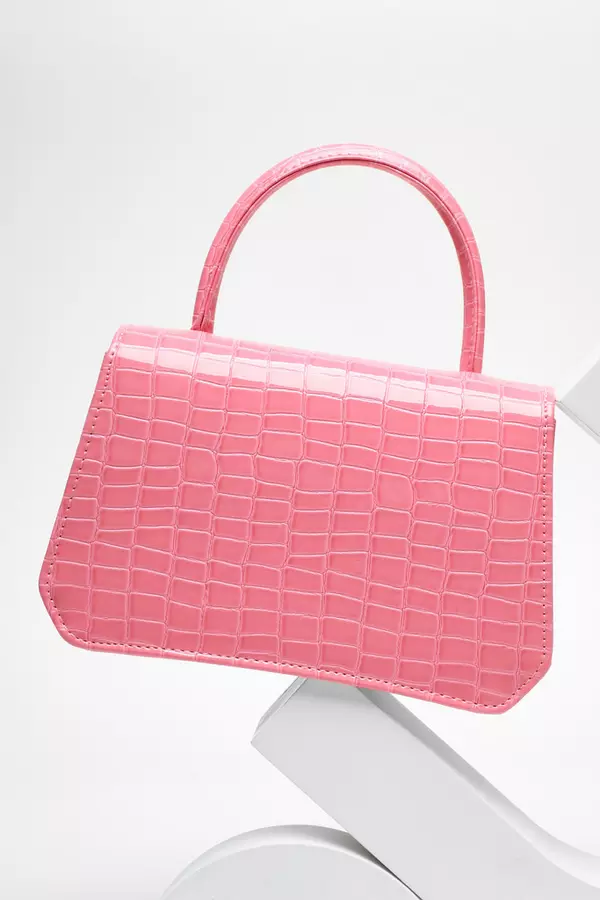 Pink Faux Leather Croc Print Bag