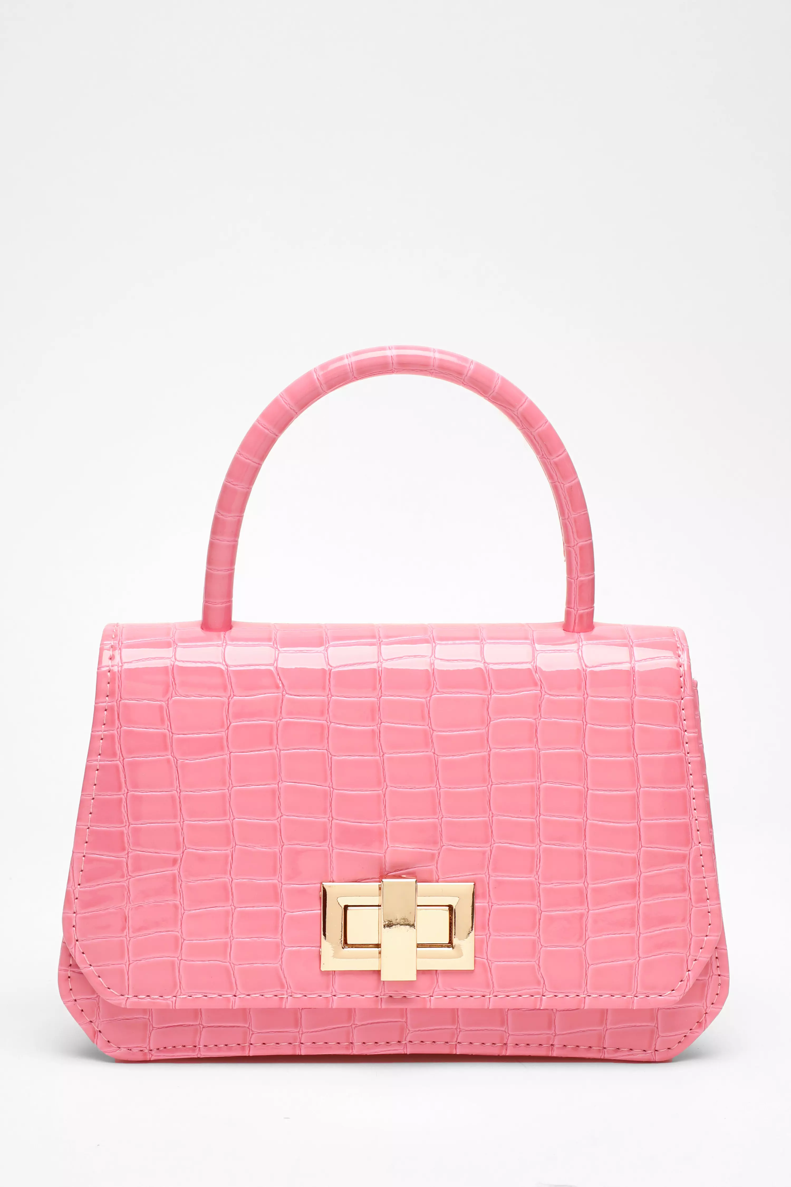 Pink Faux Leather Croc Print Bag