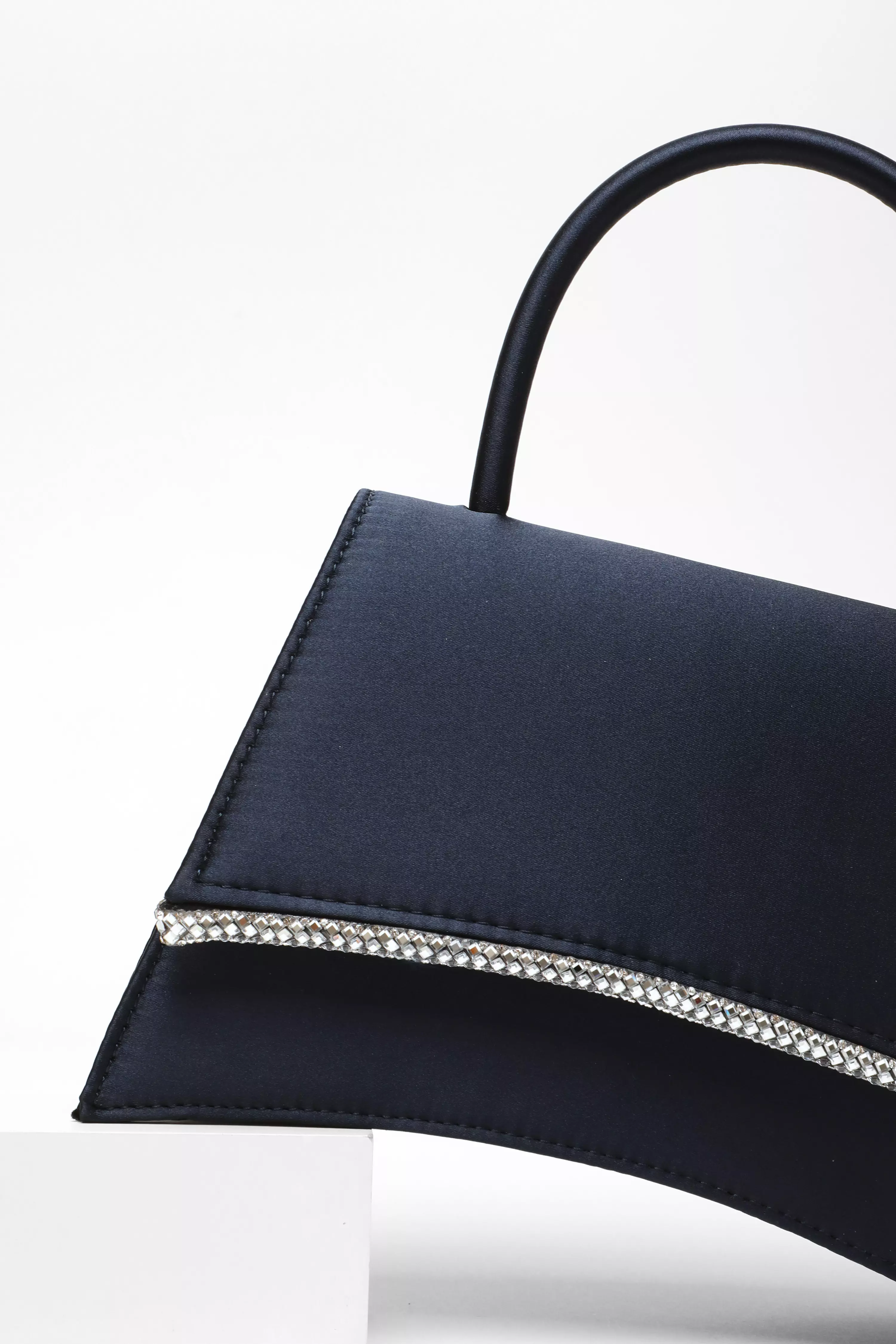 Navy Satin Diamante Trim Mini Tote Bag