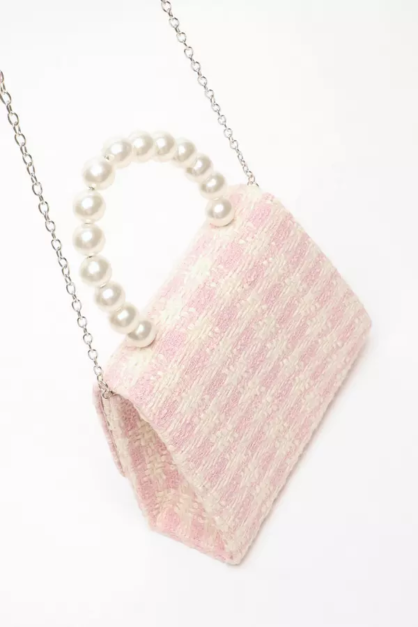Pink Check Print Boucle Pearl Handle Bag
