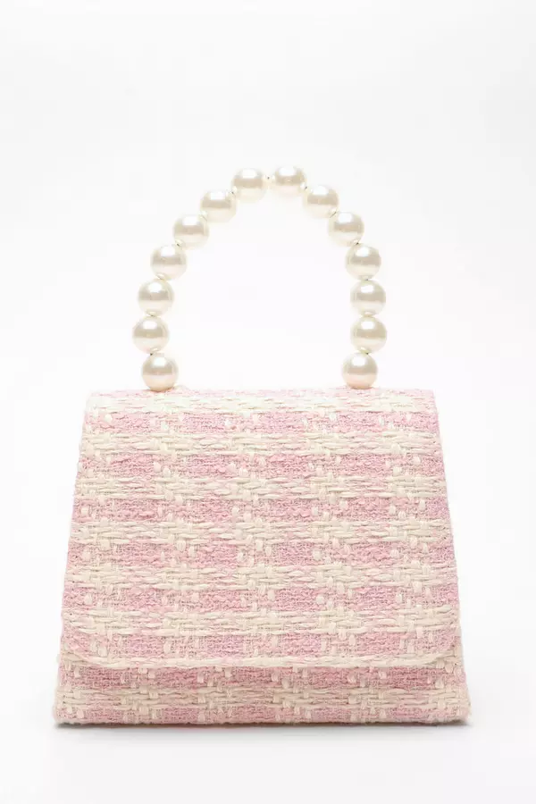 Pink Check Print Boucle Pearl Handle Bag