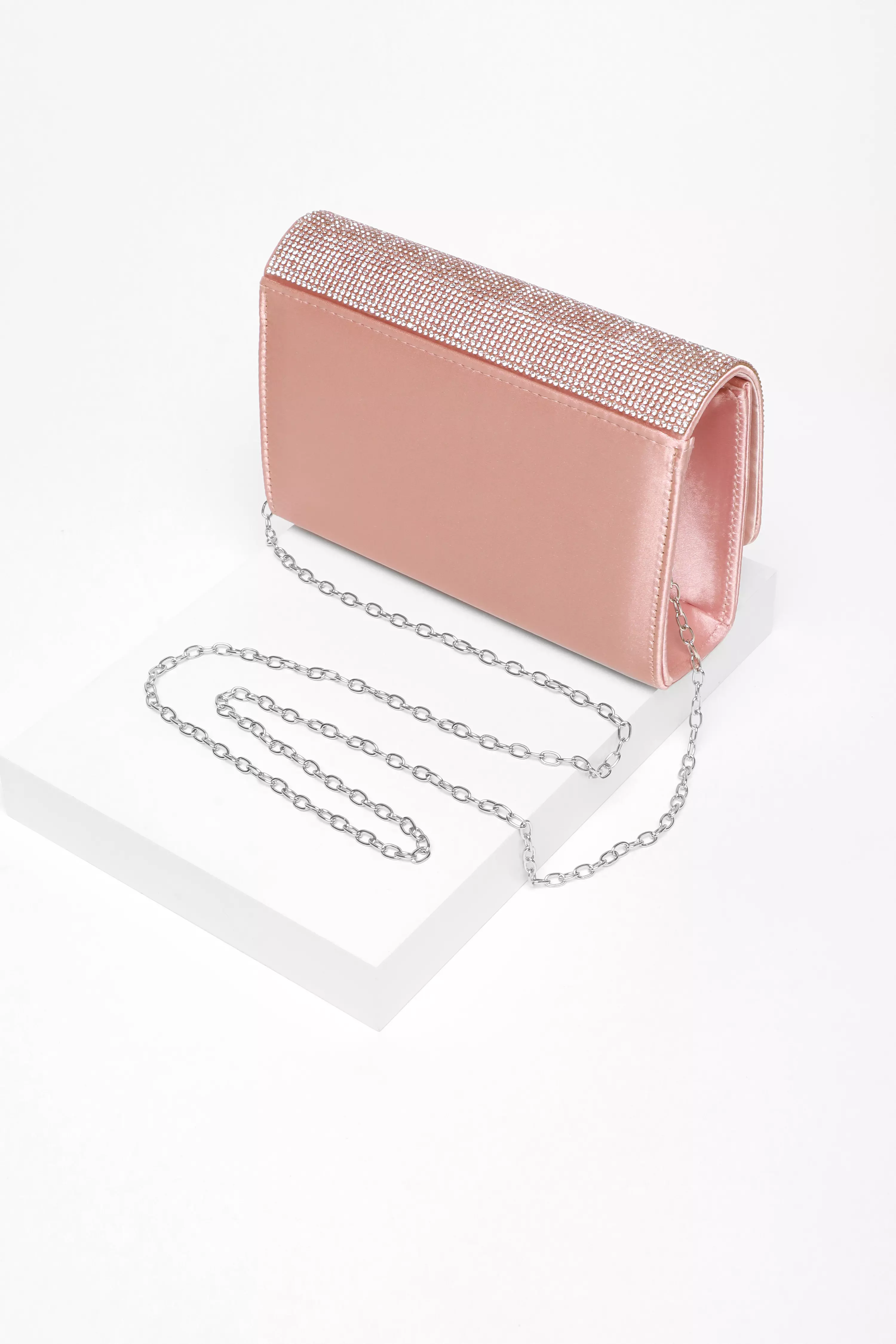 Light Pink Satin Diamante Clutch Bag