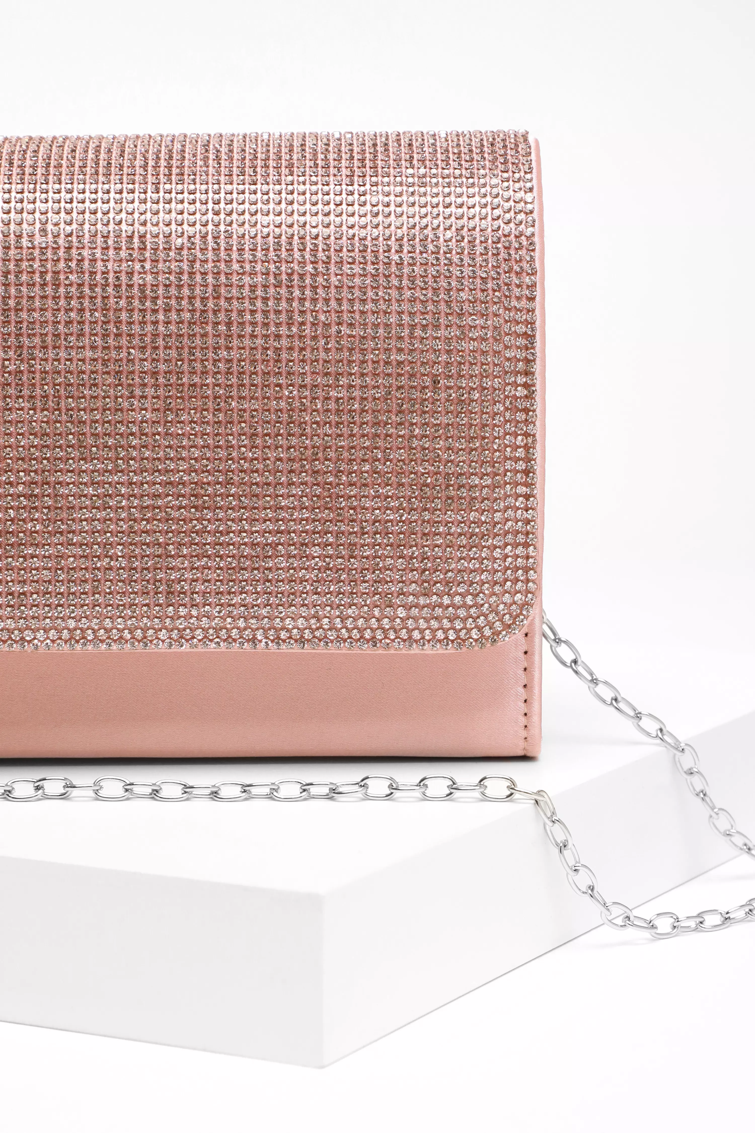 Light Pink Satin Diamante Clutch Bag