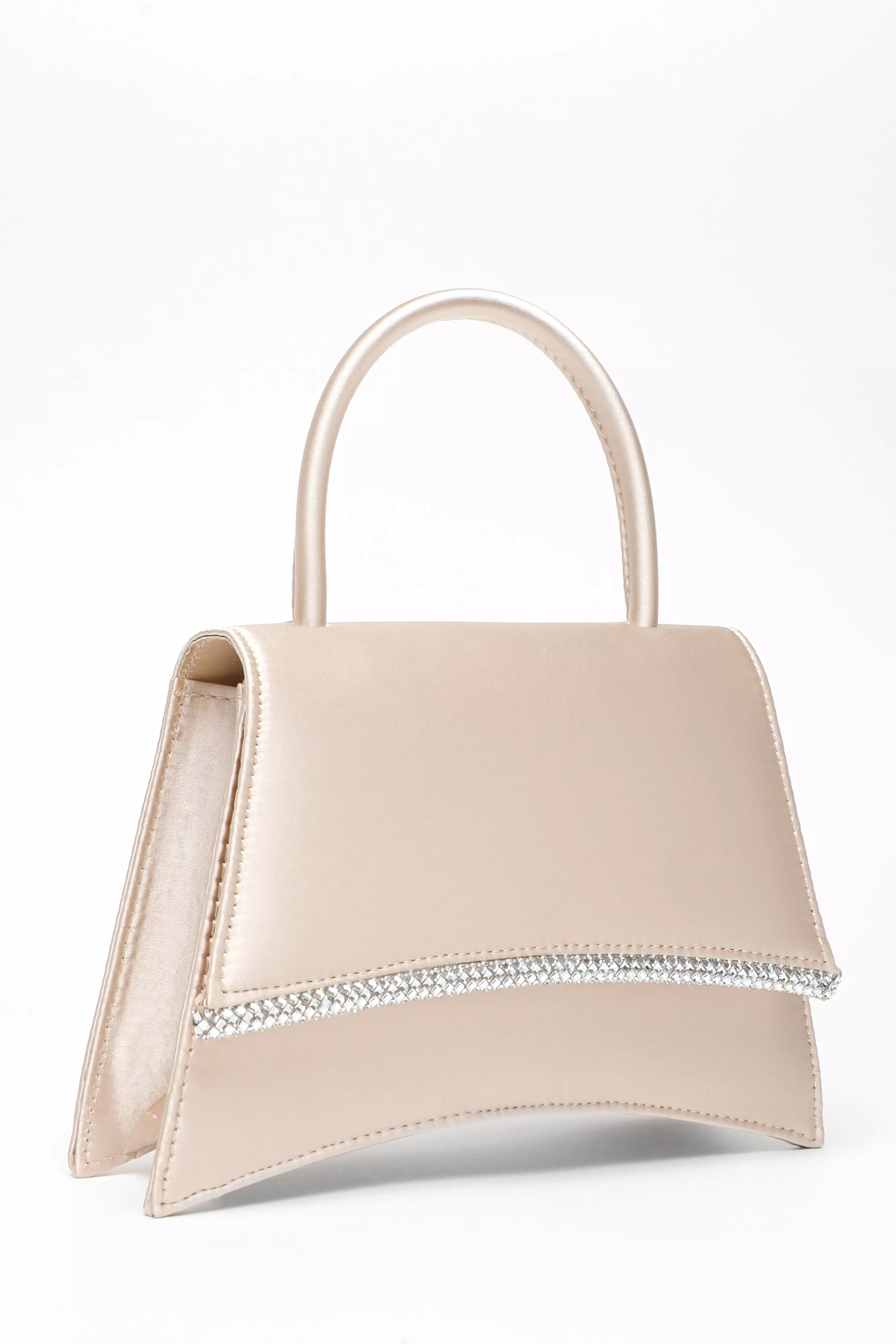 Champagne Satin Diamante Trim Mini Tote Handle Bag