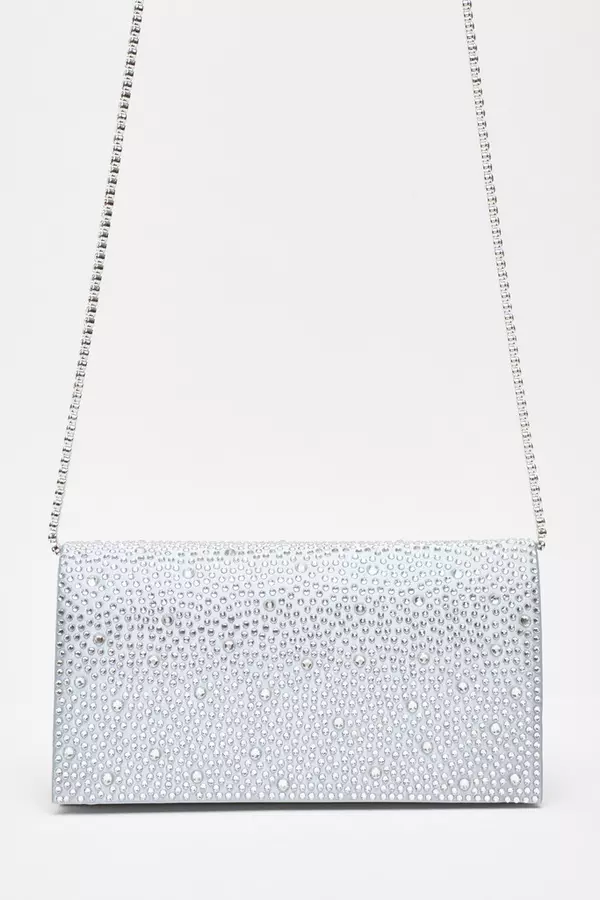 Blue Satin Diamante Clutch Bag