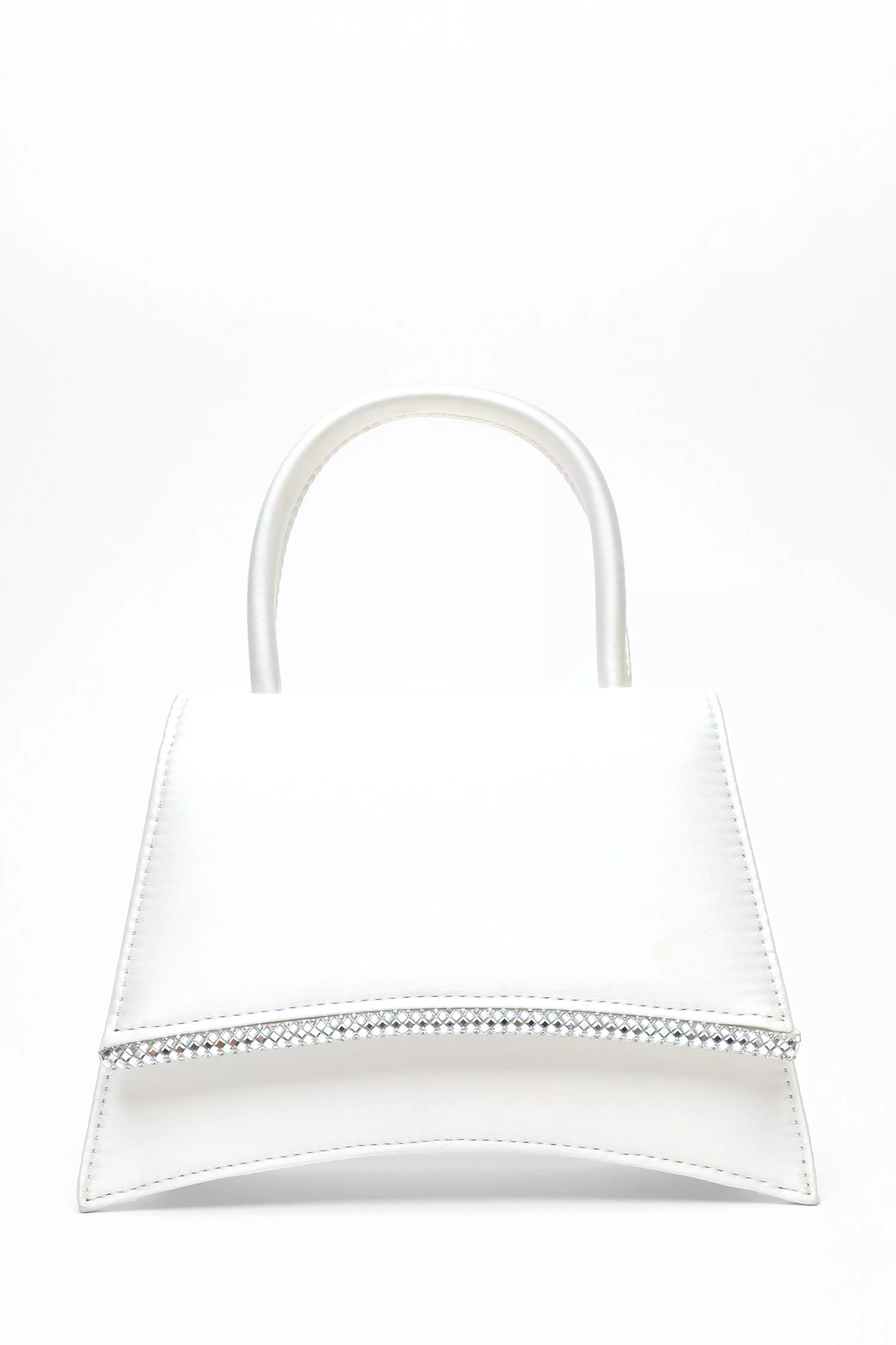 White Satin Diamante Trim Mini Tote Bag