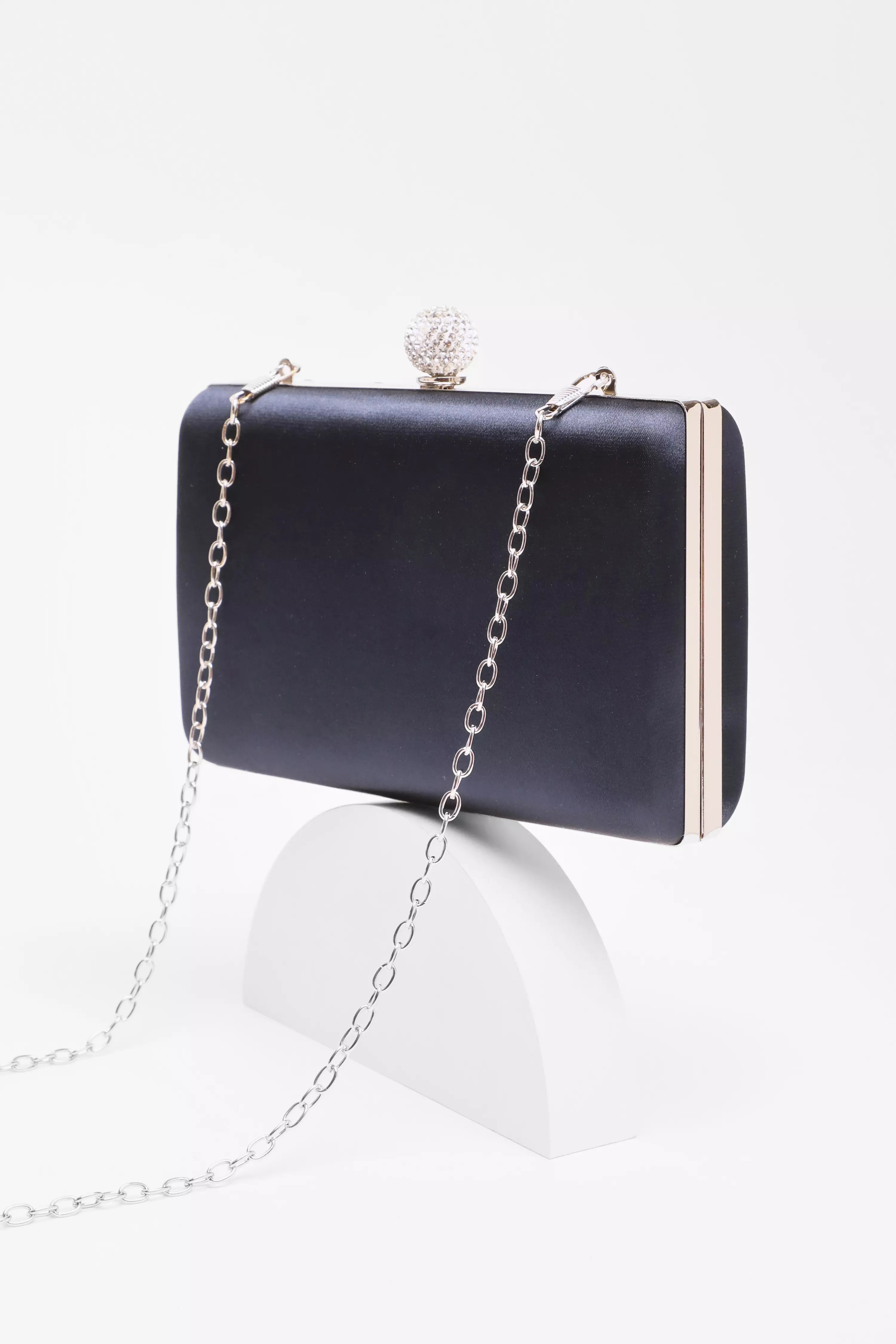 Navy Satin Pleated Clutch Bag