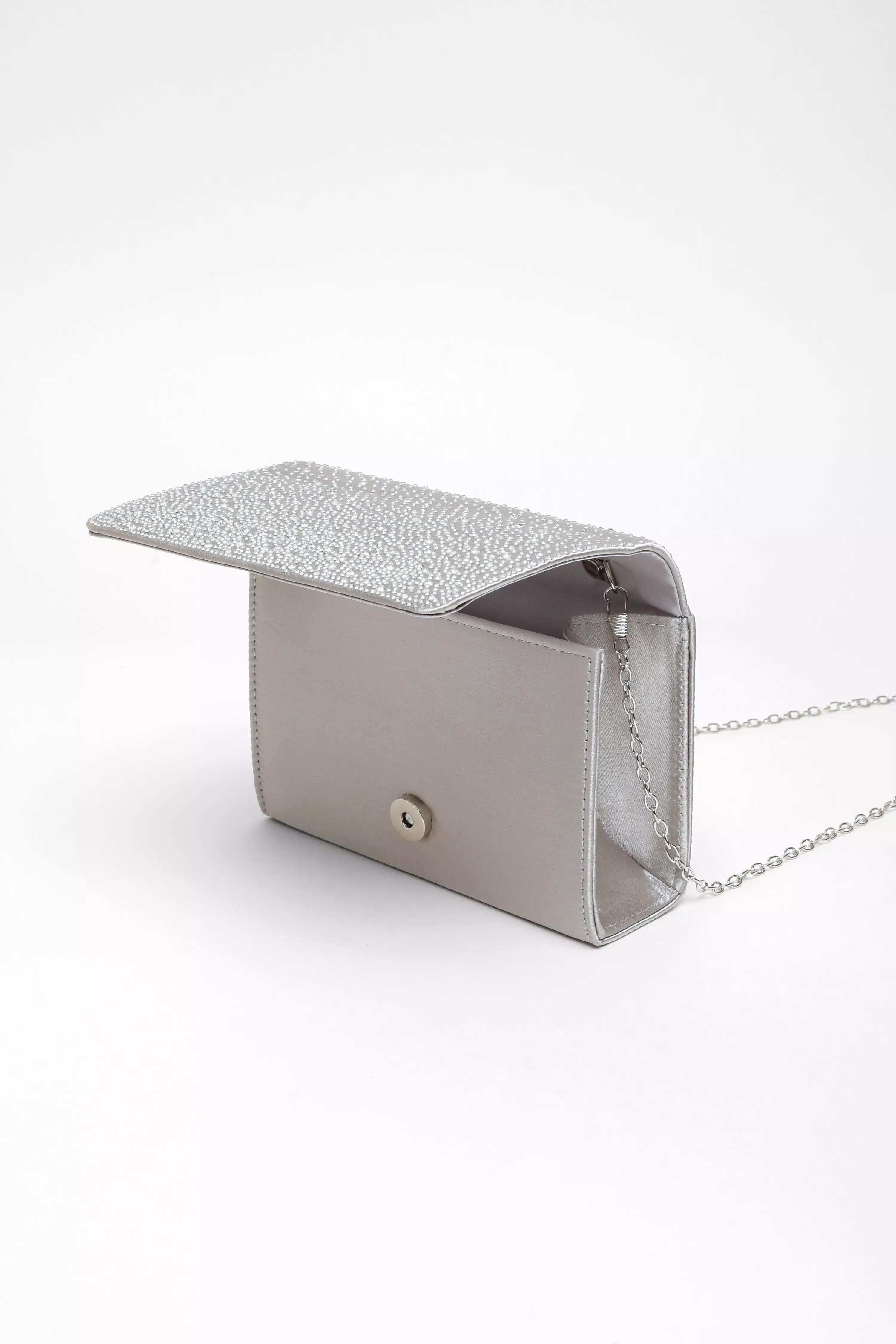 Grey Satin Embellished Clutch Bag