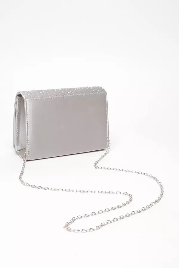 Grey Satin Embellished Clutch Bag